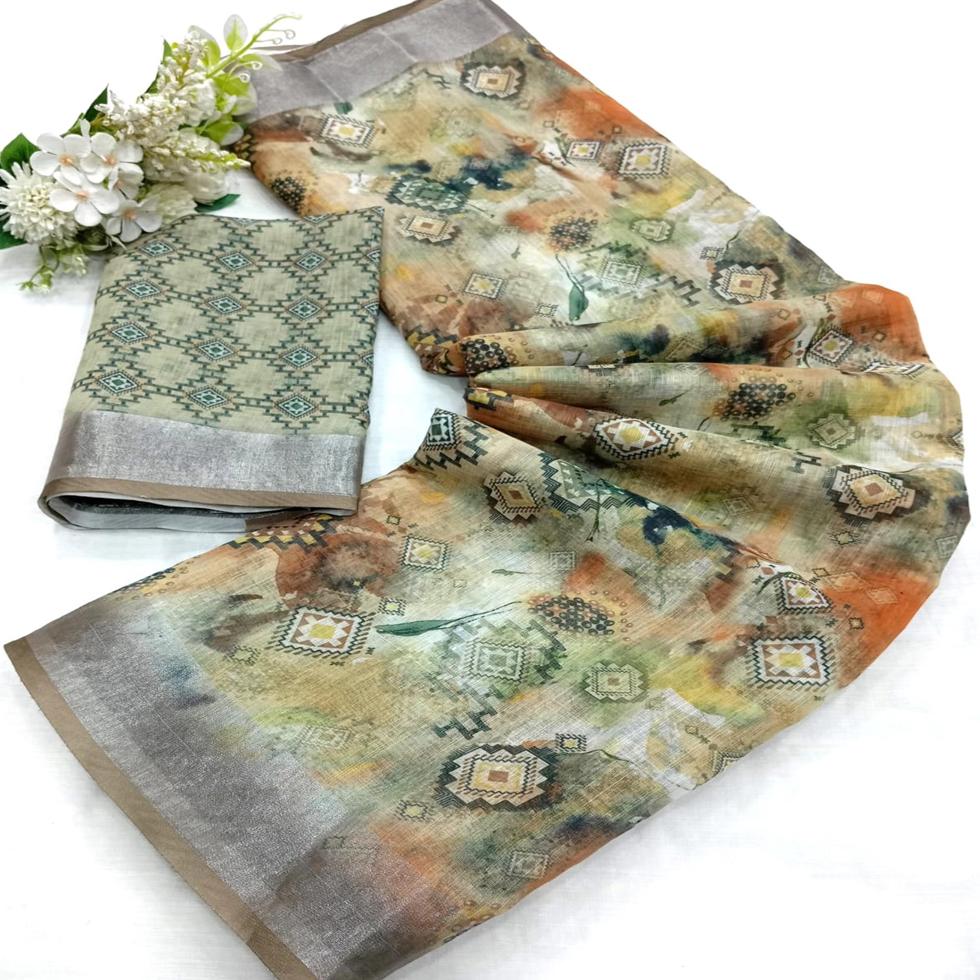 Cream & Green Digital Printed Linen Saree