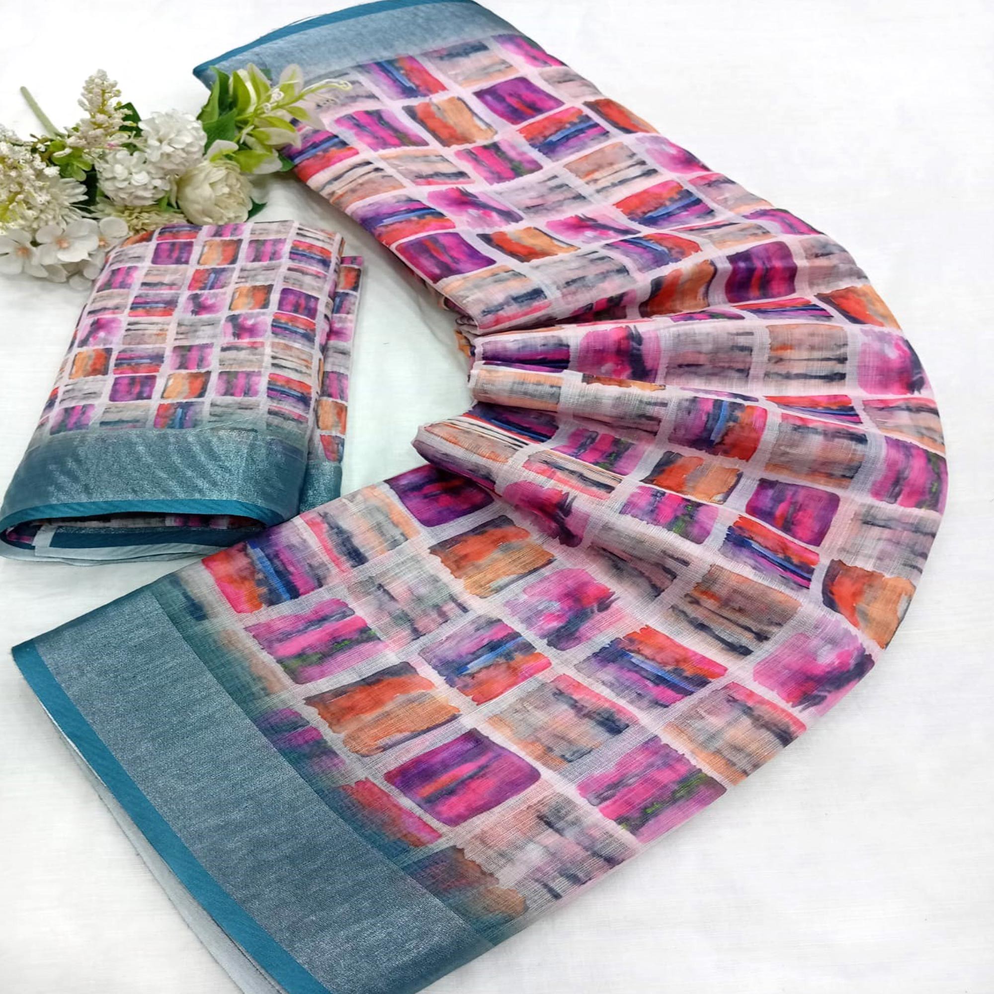 Multicolor Digital Printed Linen Saree