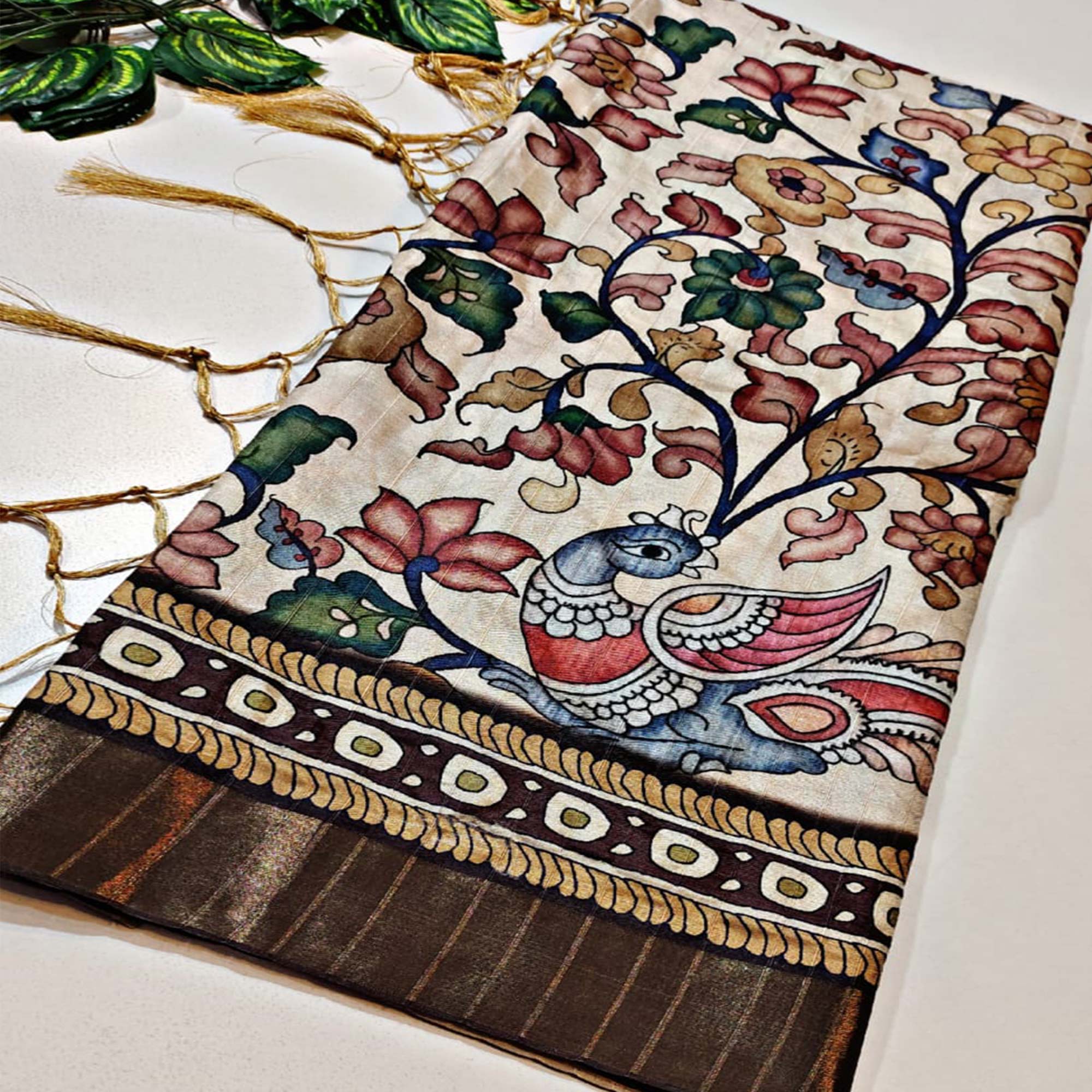 Beige Kalamkari Printed Tussar Silk Saree