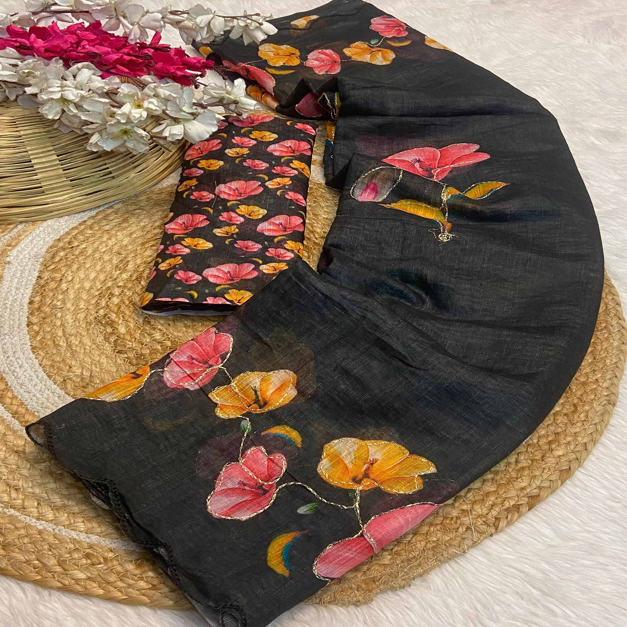 Black Floral Printed Linen Saree