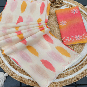 Cream Colored Linen Saree with Traditonal Ikkat Pattern Detailing