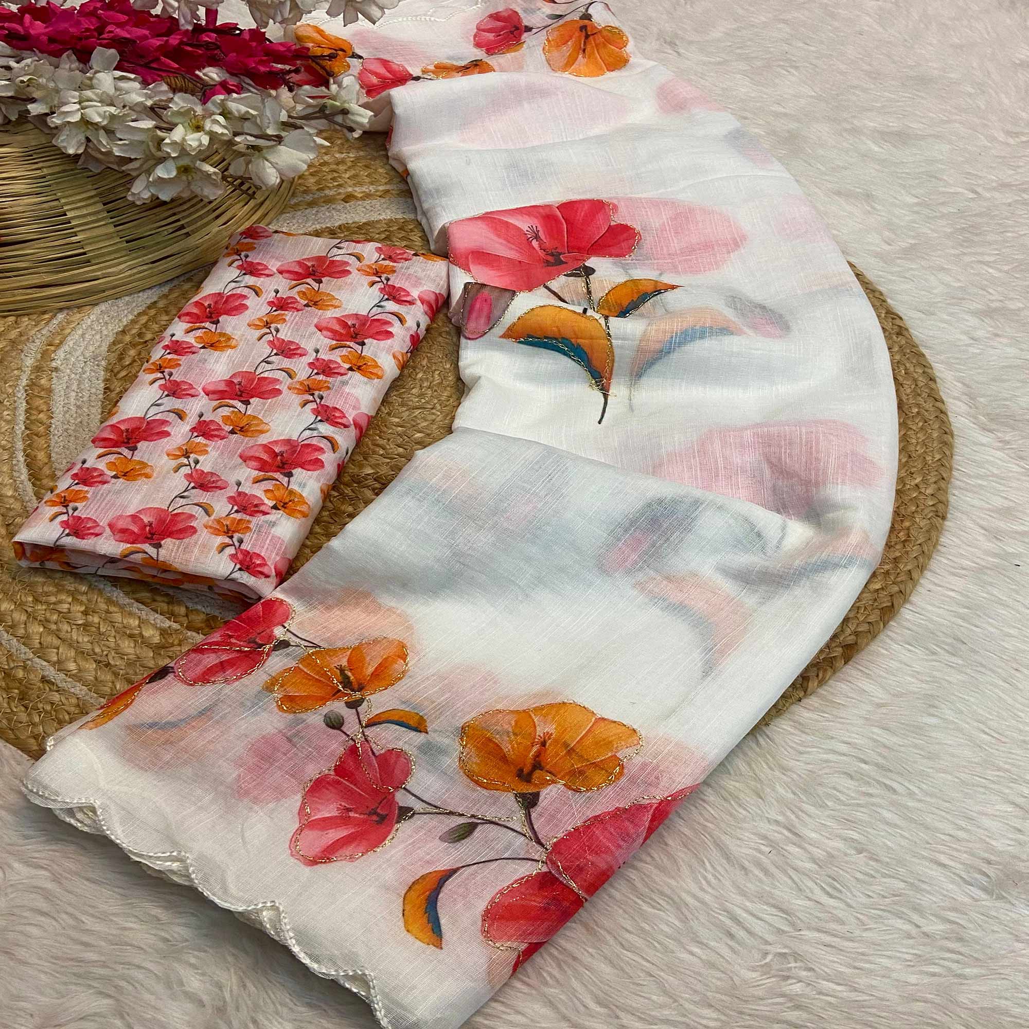 White Floral Printed Linen Saree