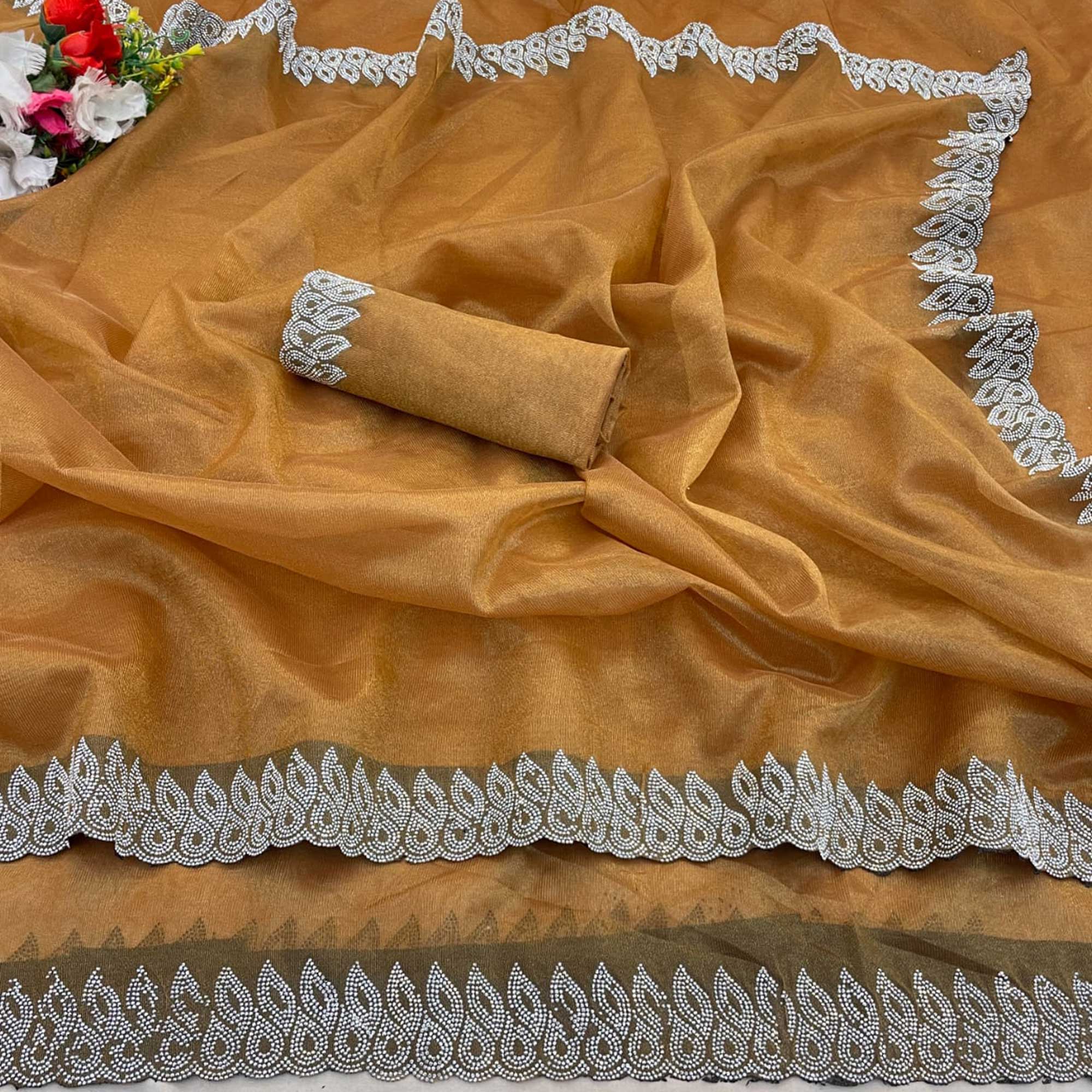 Chikoo Stone Work Embroidered Twill Gold Net Saree