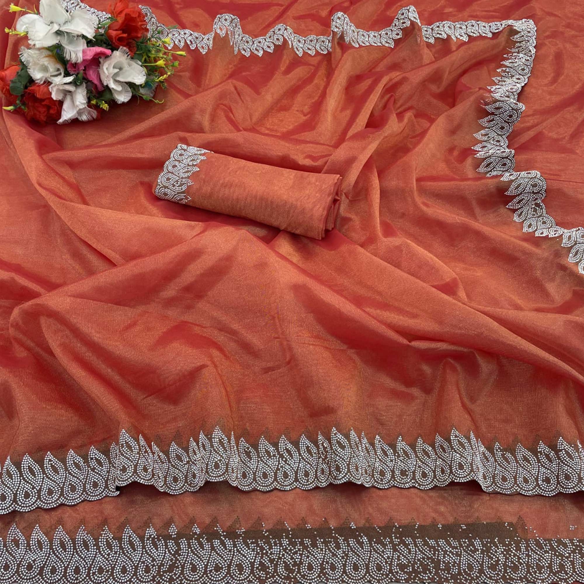 Orange Stone Work Embroidered Twill Gold Net Saree