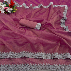 Pink Stone Work Embroidered Twill Gold Net Saree
