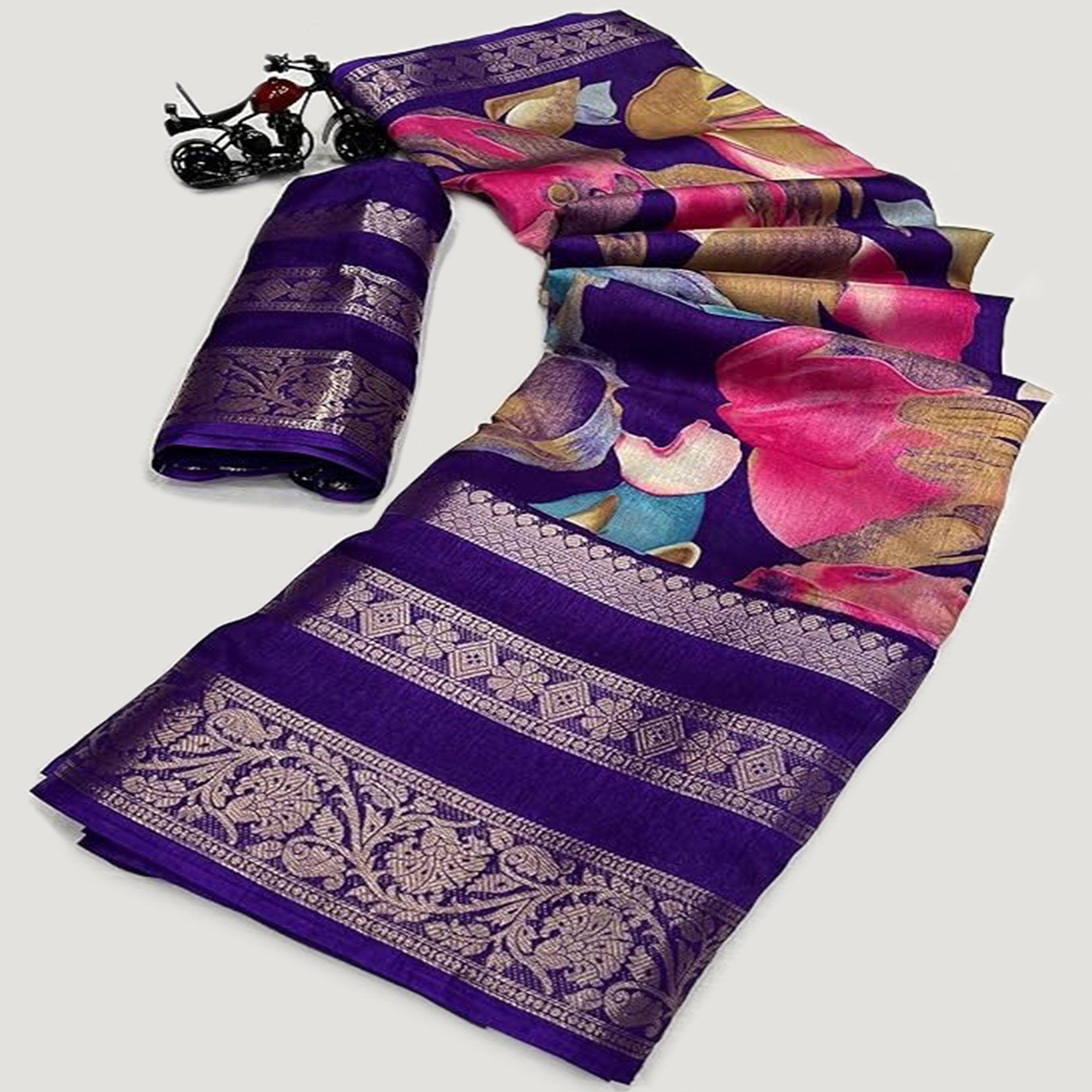 Violet Floral Printed Dola Silk Saree Jacquard Border