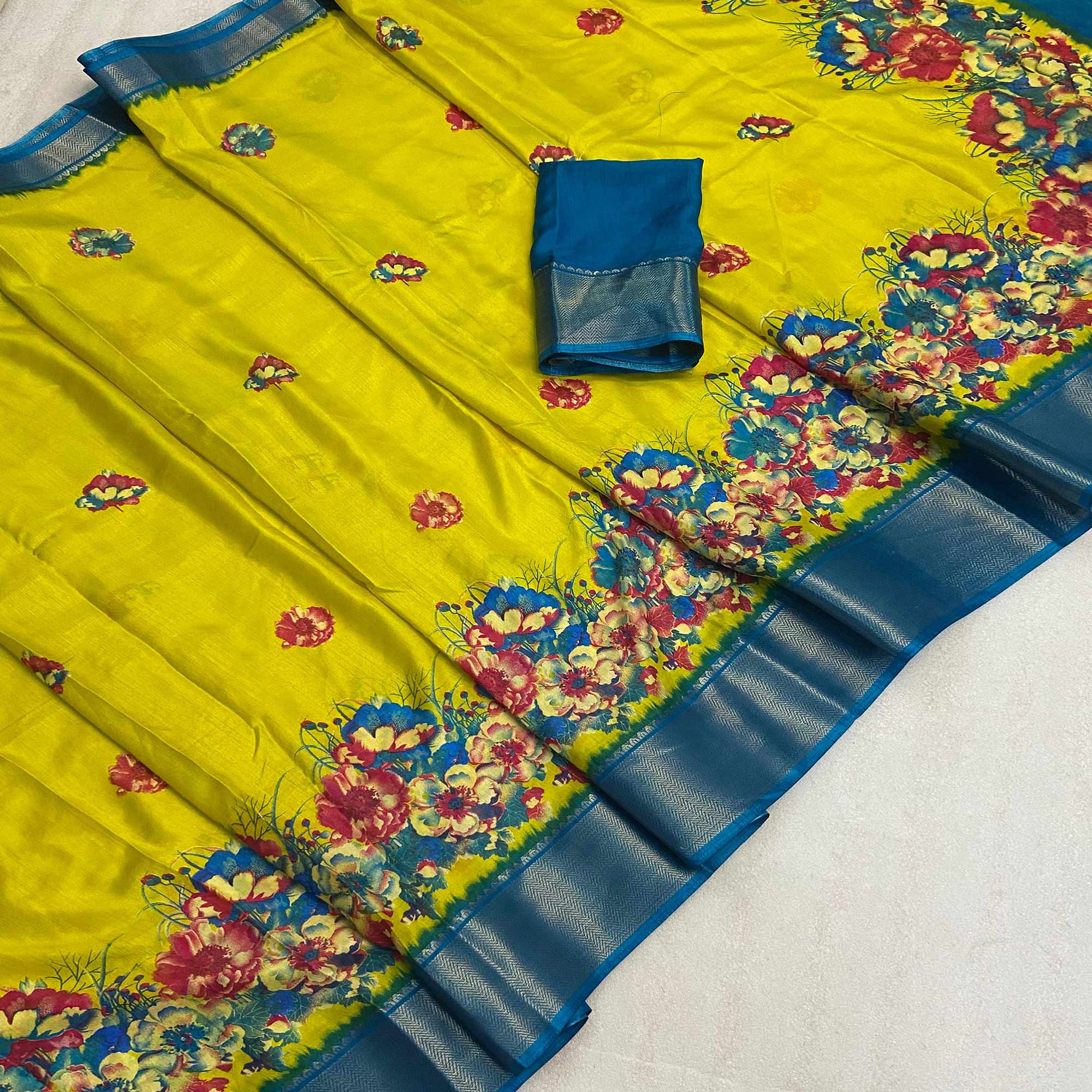 Lemon Yellow Floral Printed Dola Silk Saree With Zari Border