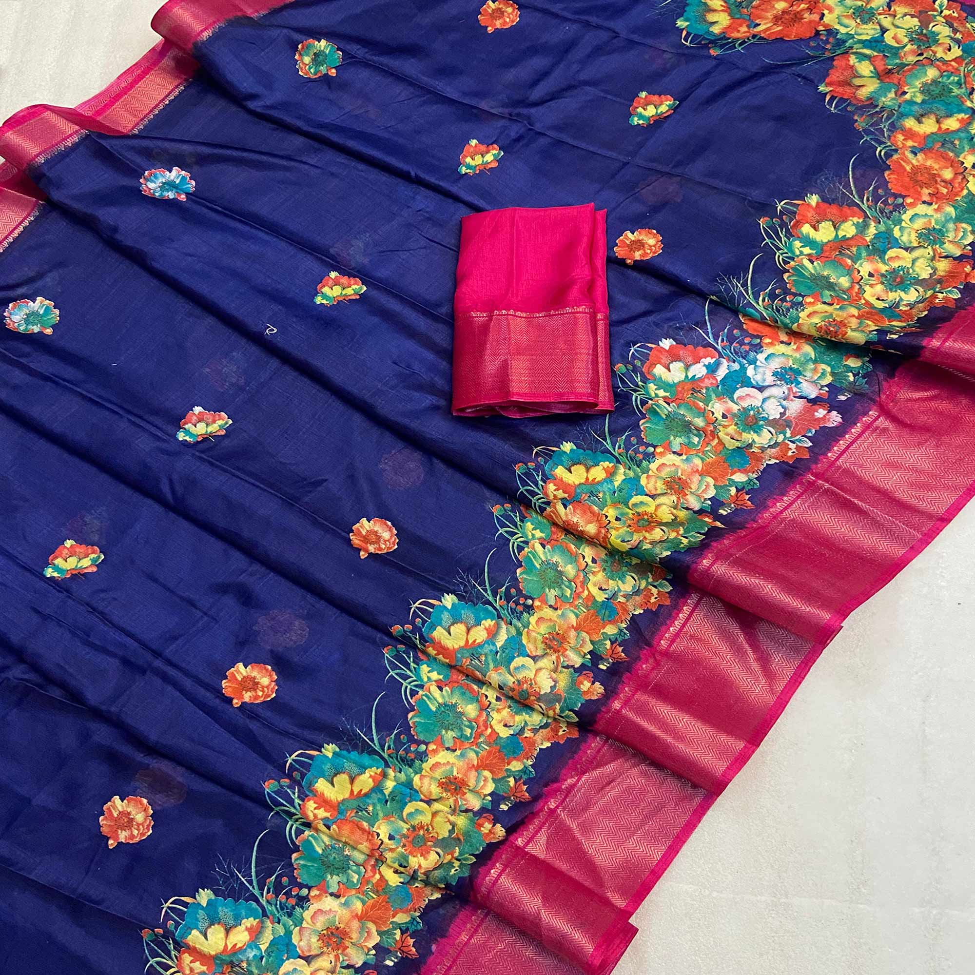 Navy Blue Floral Printed Dola Silk Saree With Zari Border