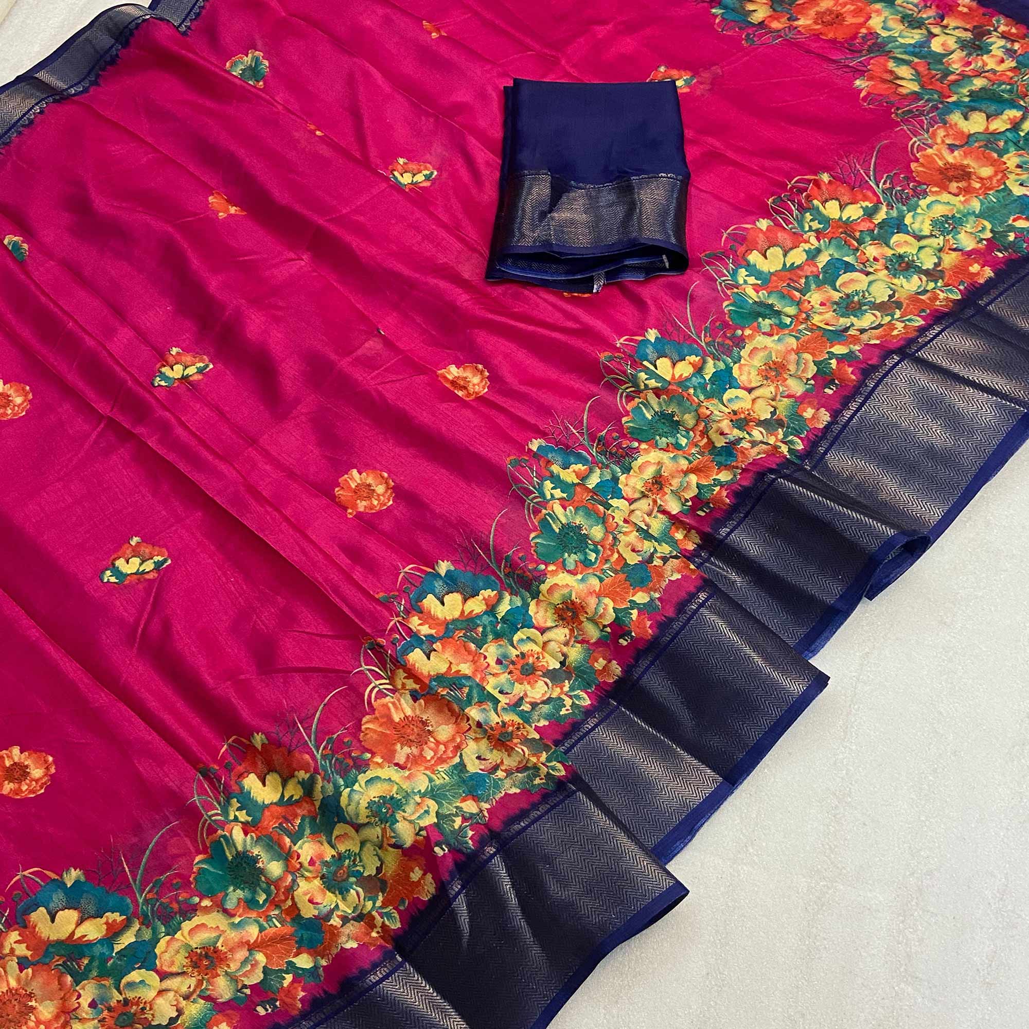 Pink Floral Printed Dola Silk Saree With Zari Border