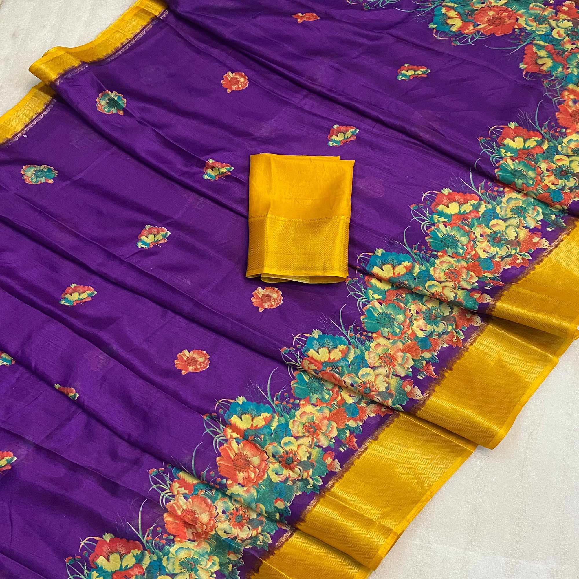 Purple Floral Printed Dola Silk Saree With Zari Border