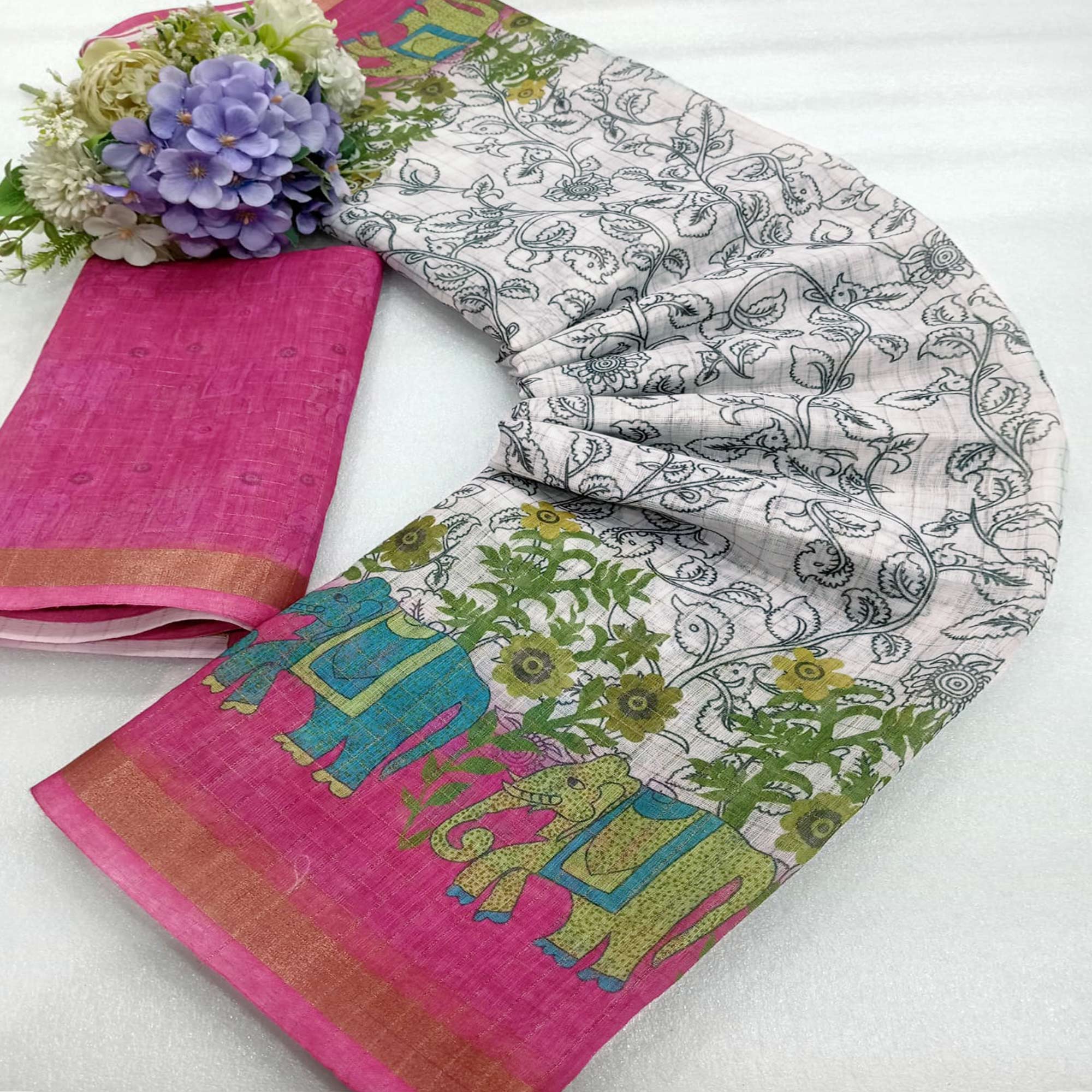 White Checks Zari Woven With Printed Linen Saree