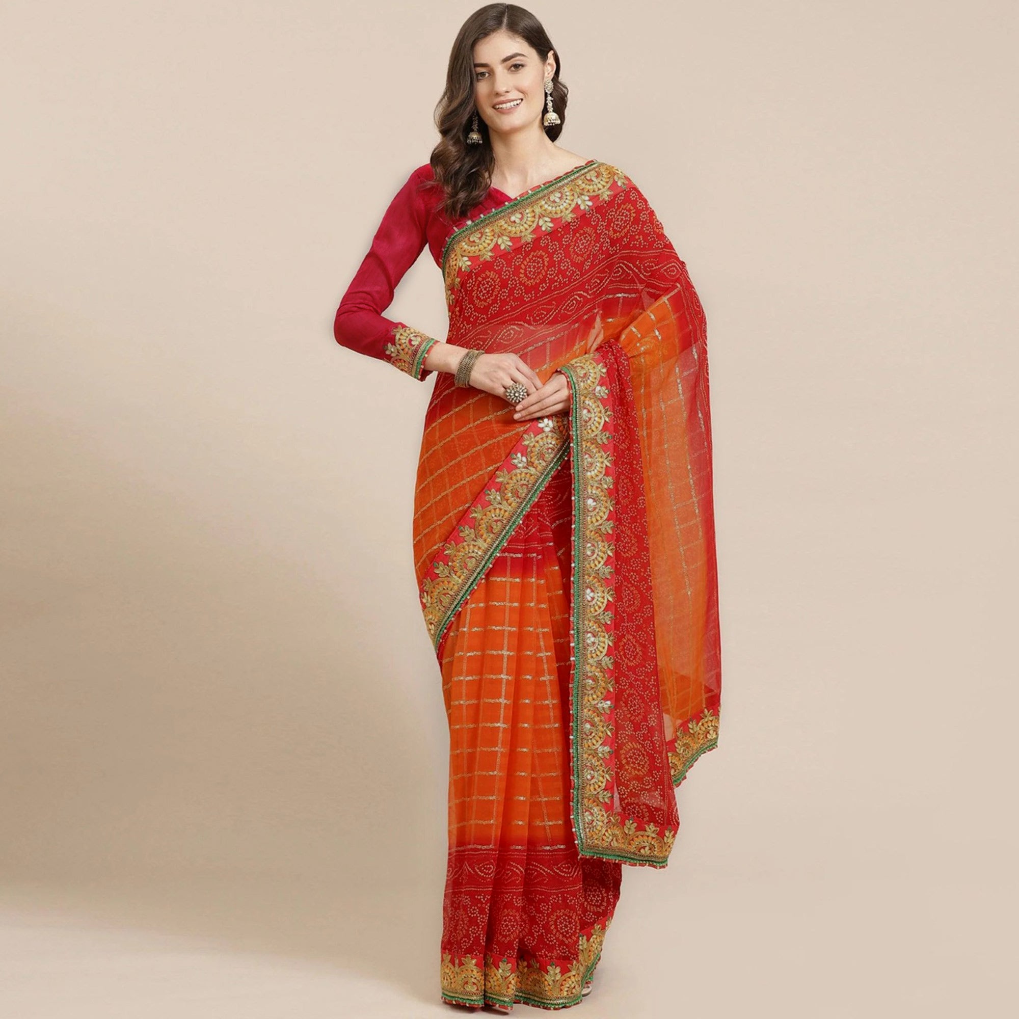 Red & Orange Bandhani Foil Printed Chiffon Saree