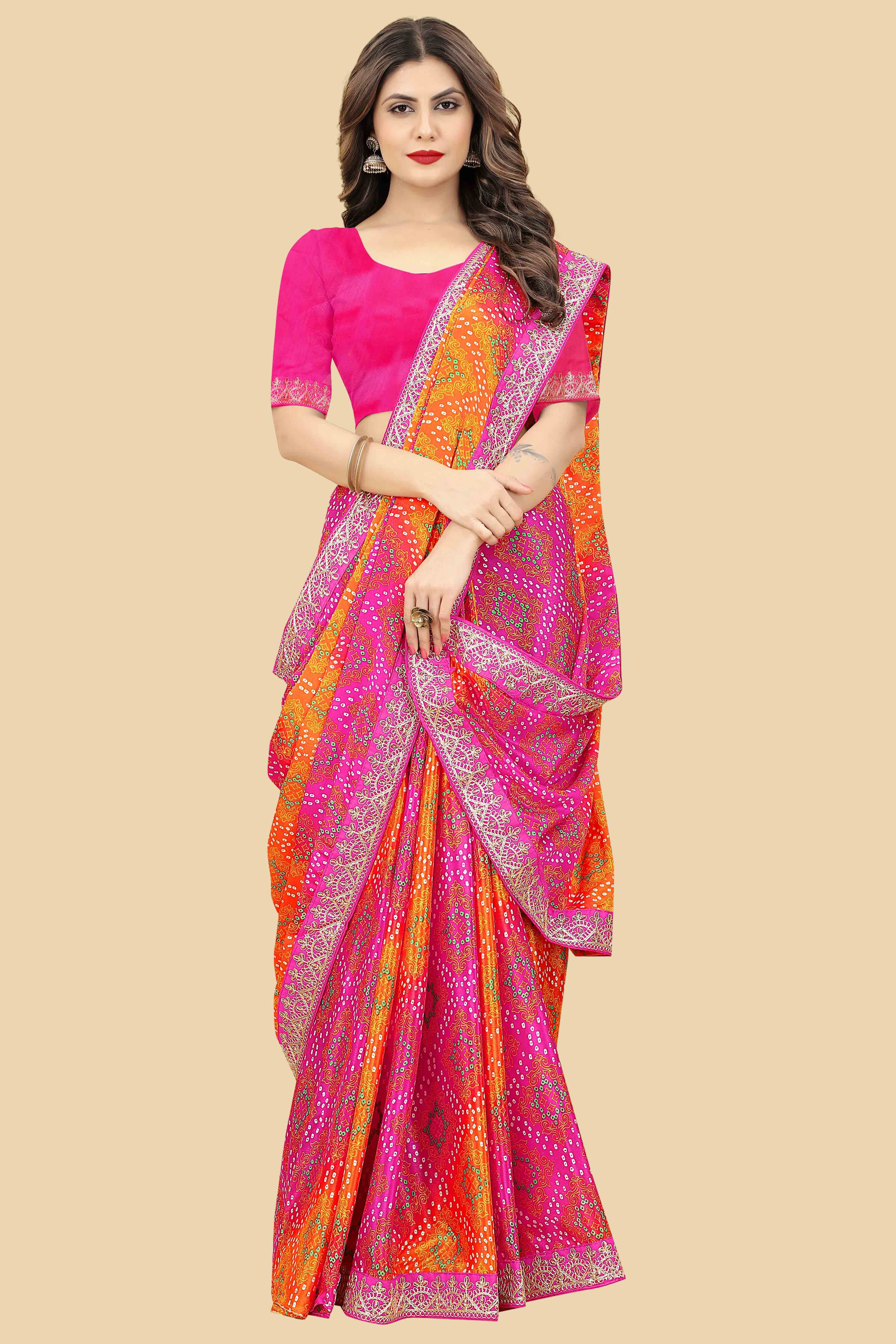 Pink & Orange Bandhani Printed Chinon Saree