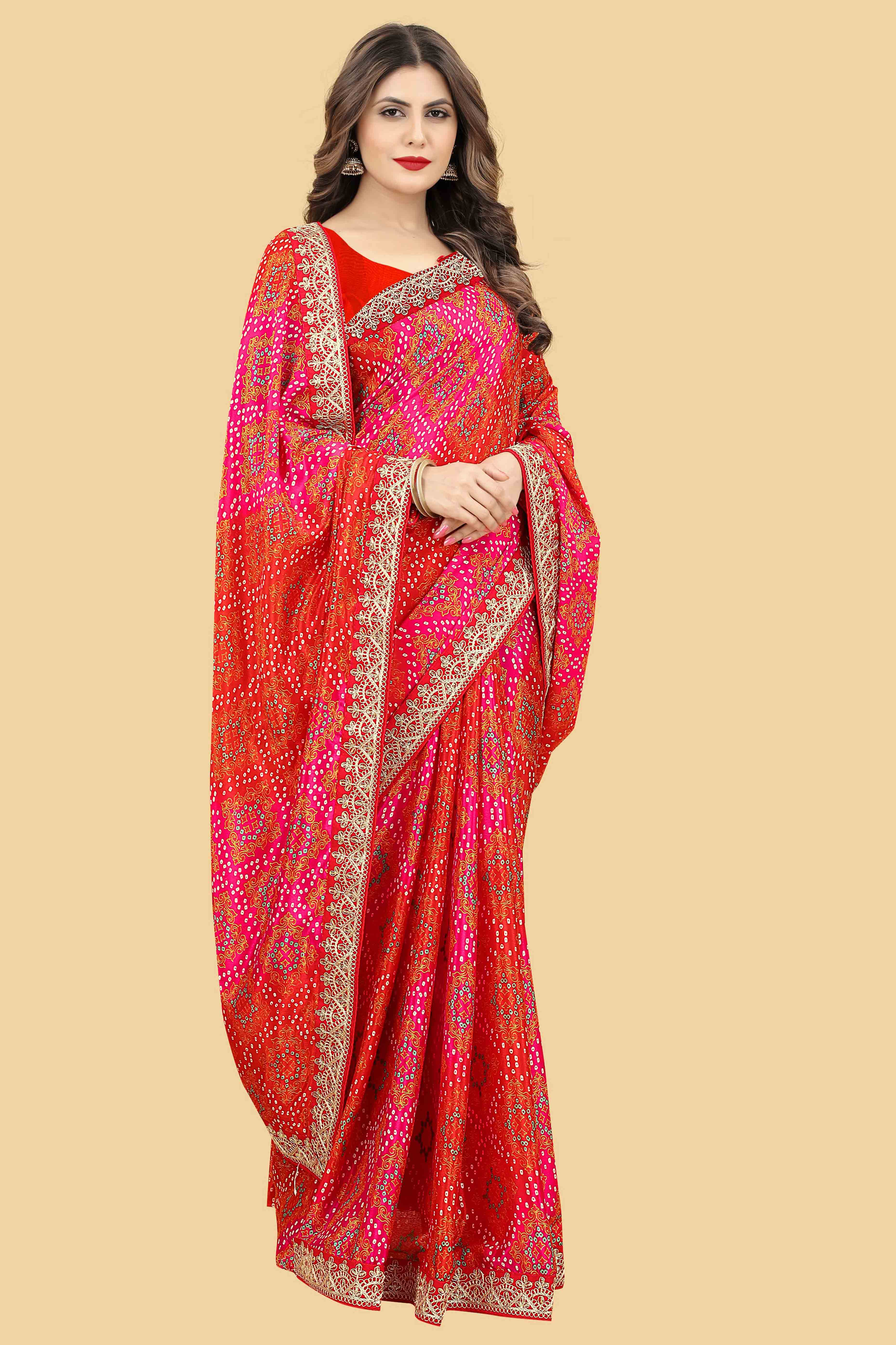 Red Bandhani Printed Chinon Saree