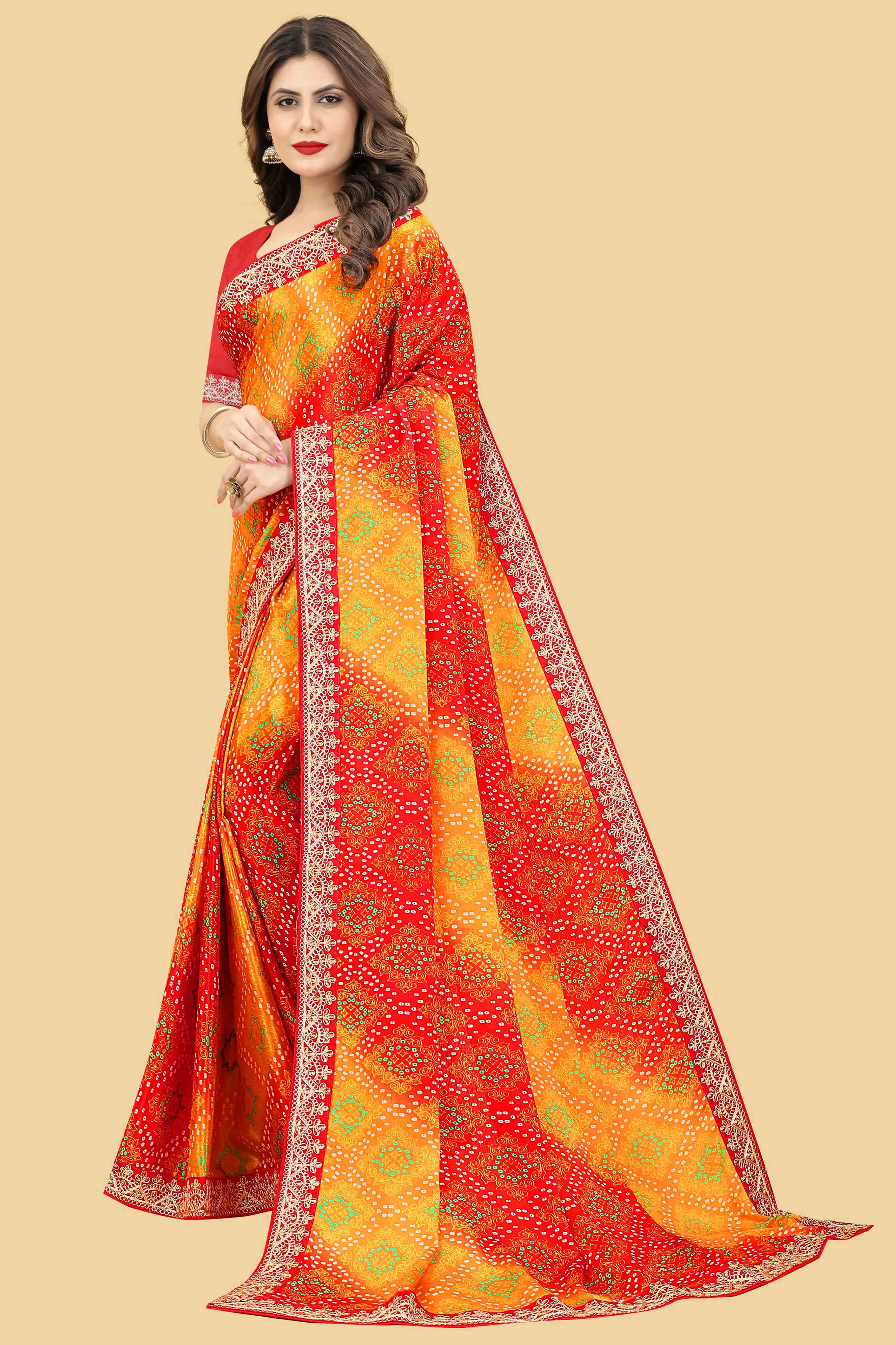 Red & Orange Bandhani Printed Chinon Saree