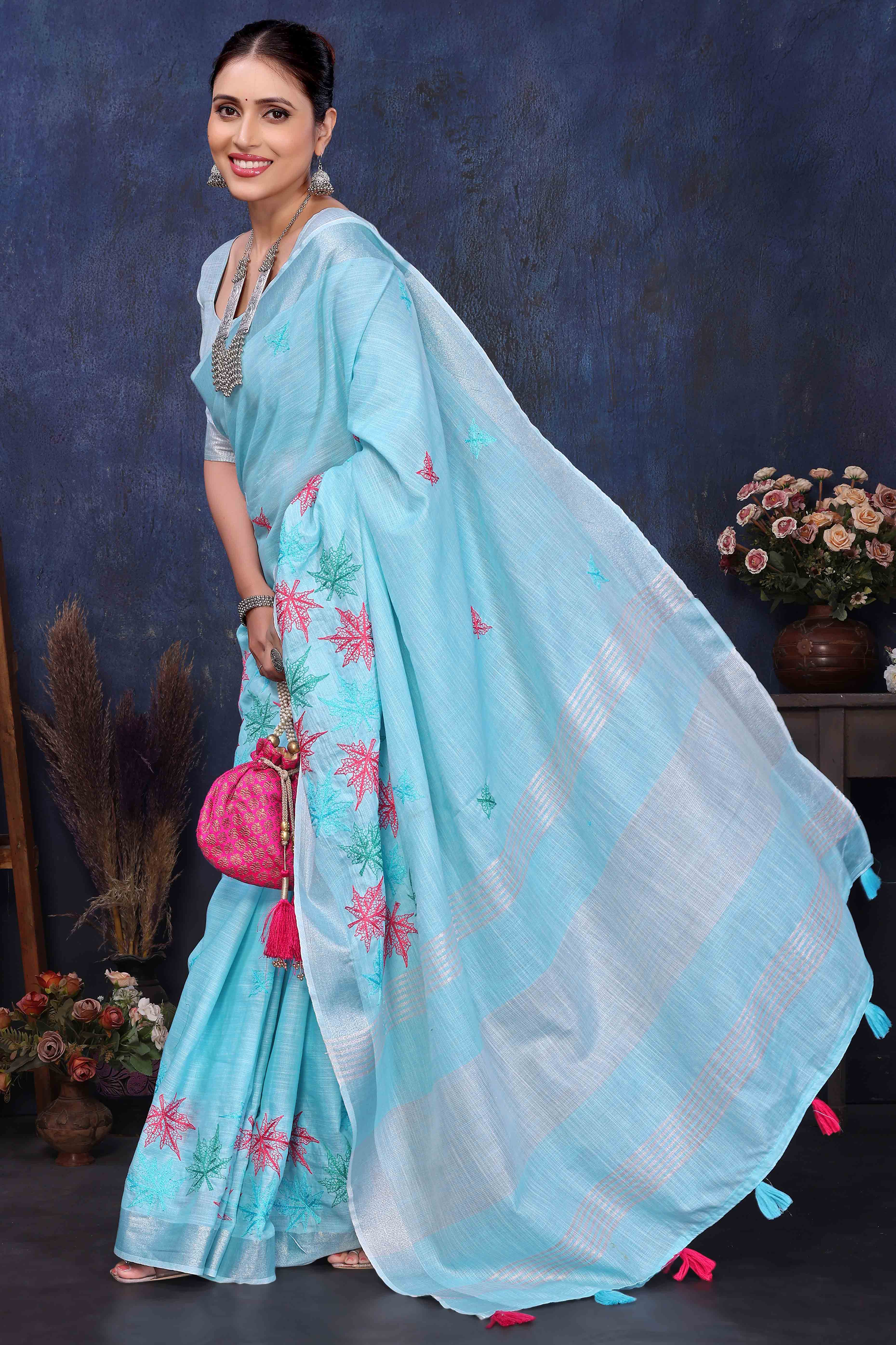 Sky Blue Floral Embroidered Cotton Silk Saree