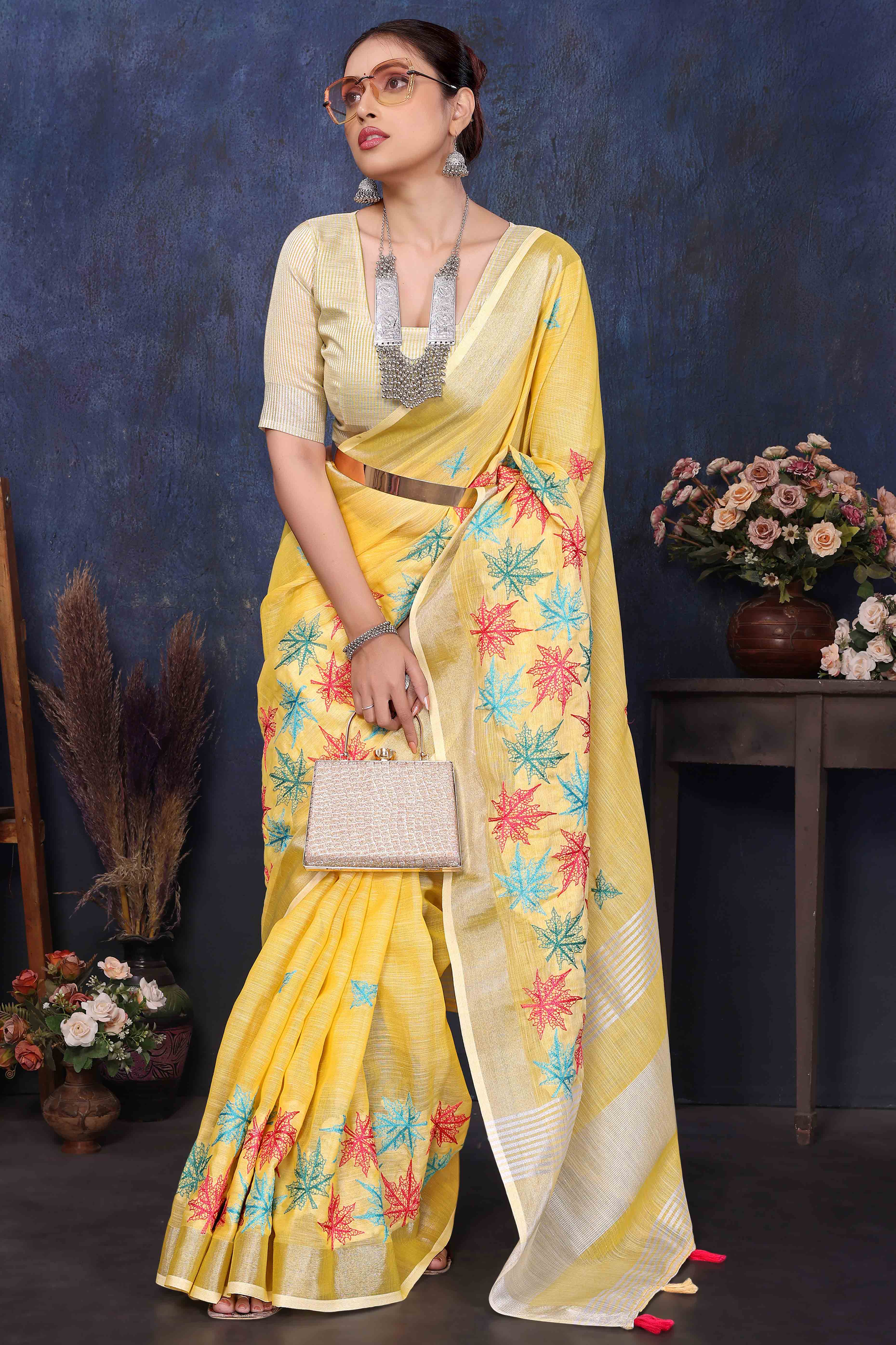 Yellow Floral Embroidered Cotton Silk Saree