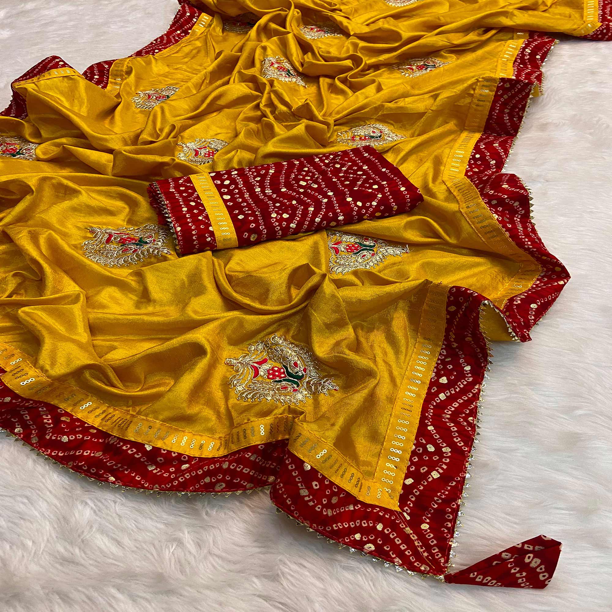 Mustard Zari Embroidered Vichitra Silk Saree