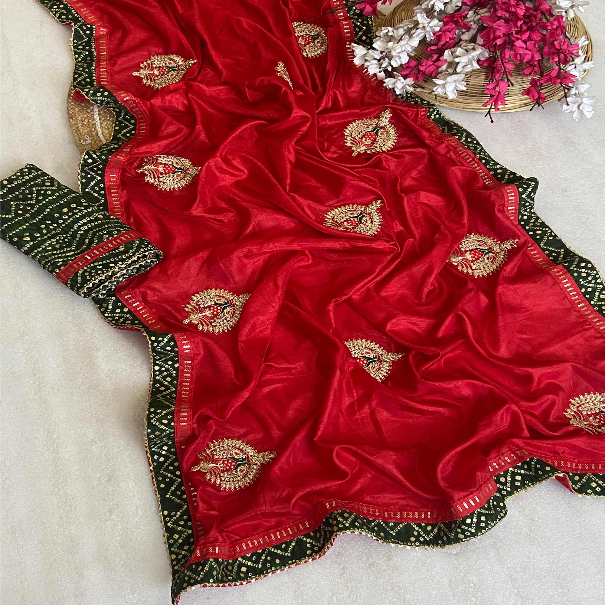 Red Zari Embroidered Vichitra Silk Saree
