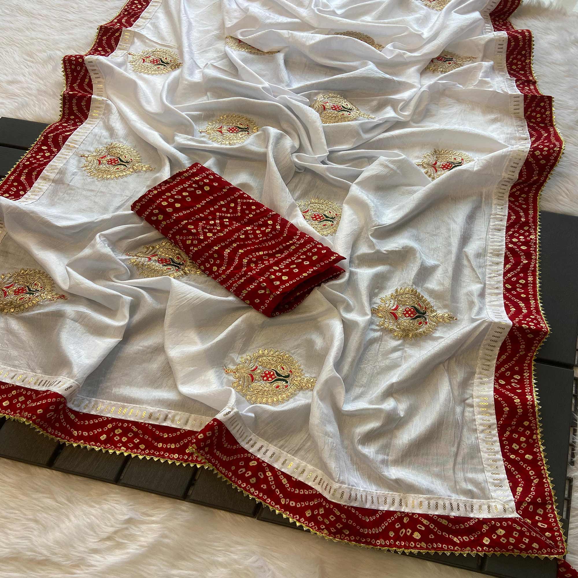 White Zari Embroidered Vichitra Silk Saree