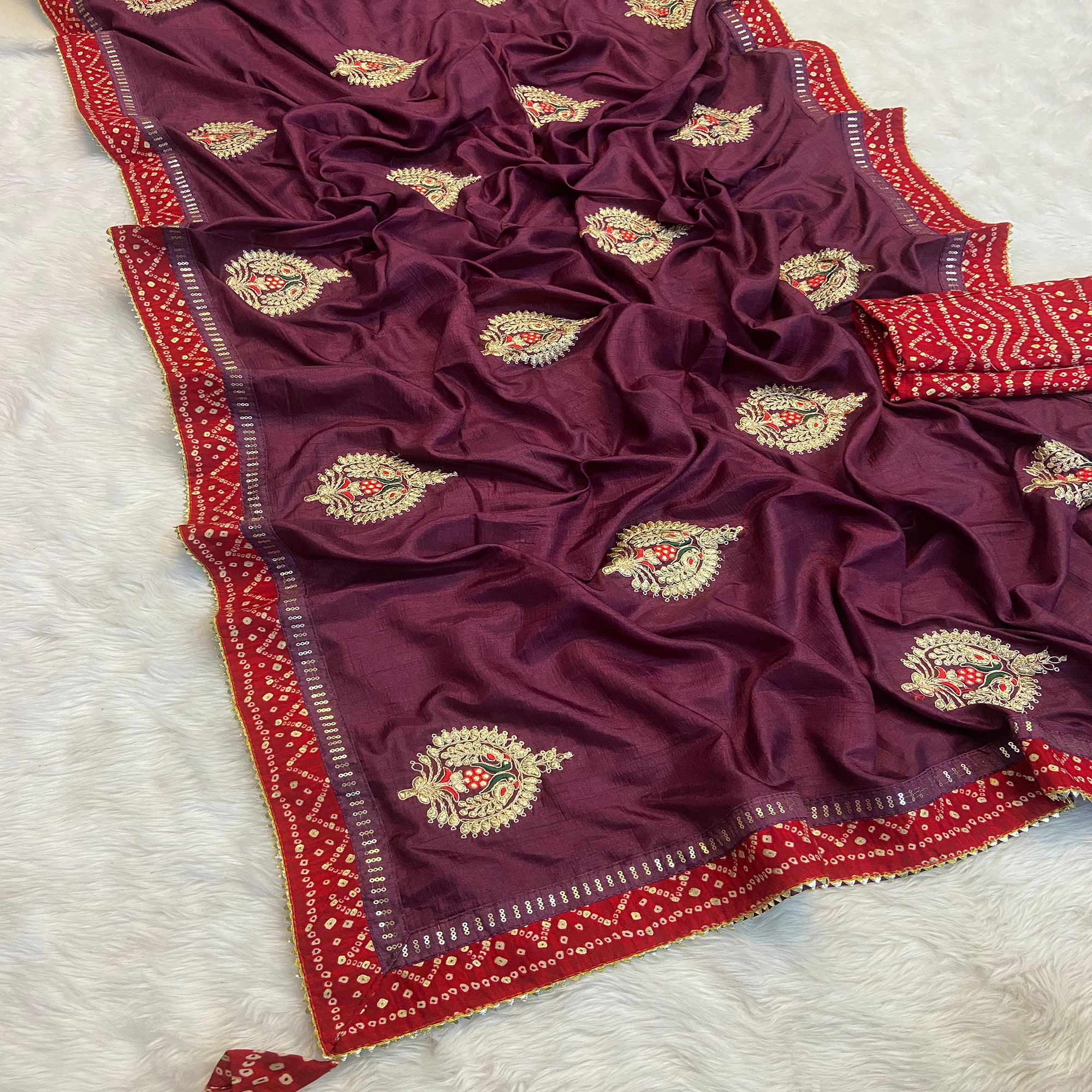 Wine Zari Embroidered Vichitra Silk Saree