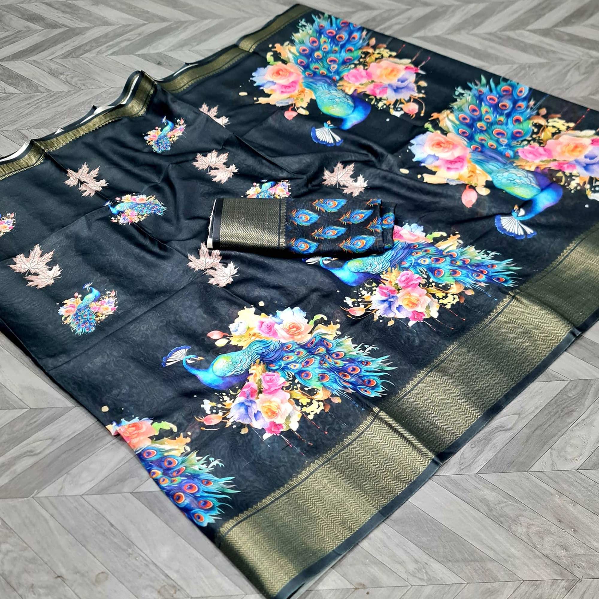 Black Floral Elegance Dola Silk Saree with Artistic Print With Zari Border