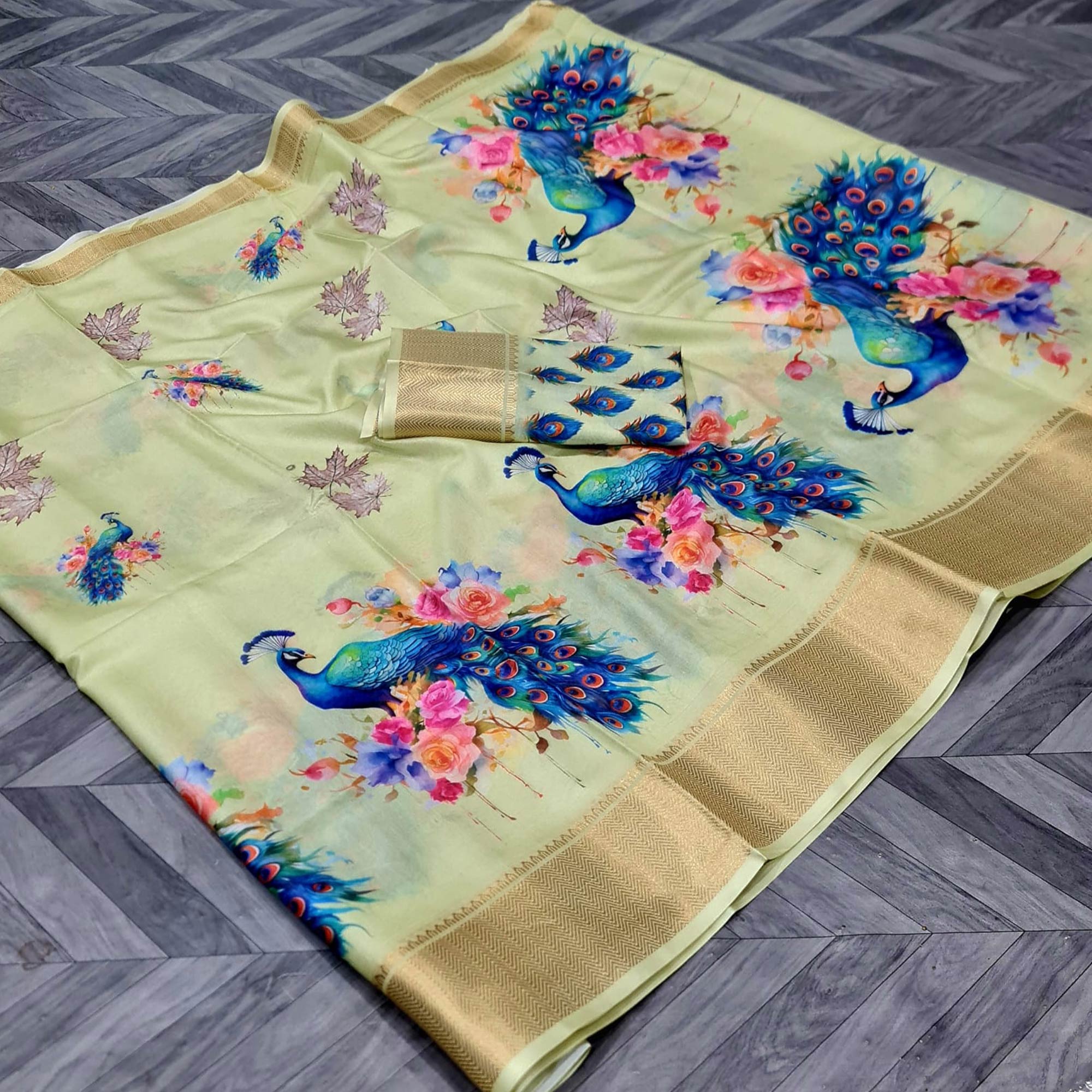Pista Green Floral Elegance Dola Silk Saree with Artistic Print With Zari Border