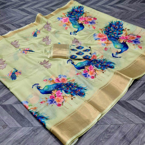 Pista Green Floral Elegance Dola Silk Saree with Artistic Print With Zari Border