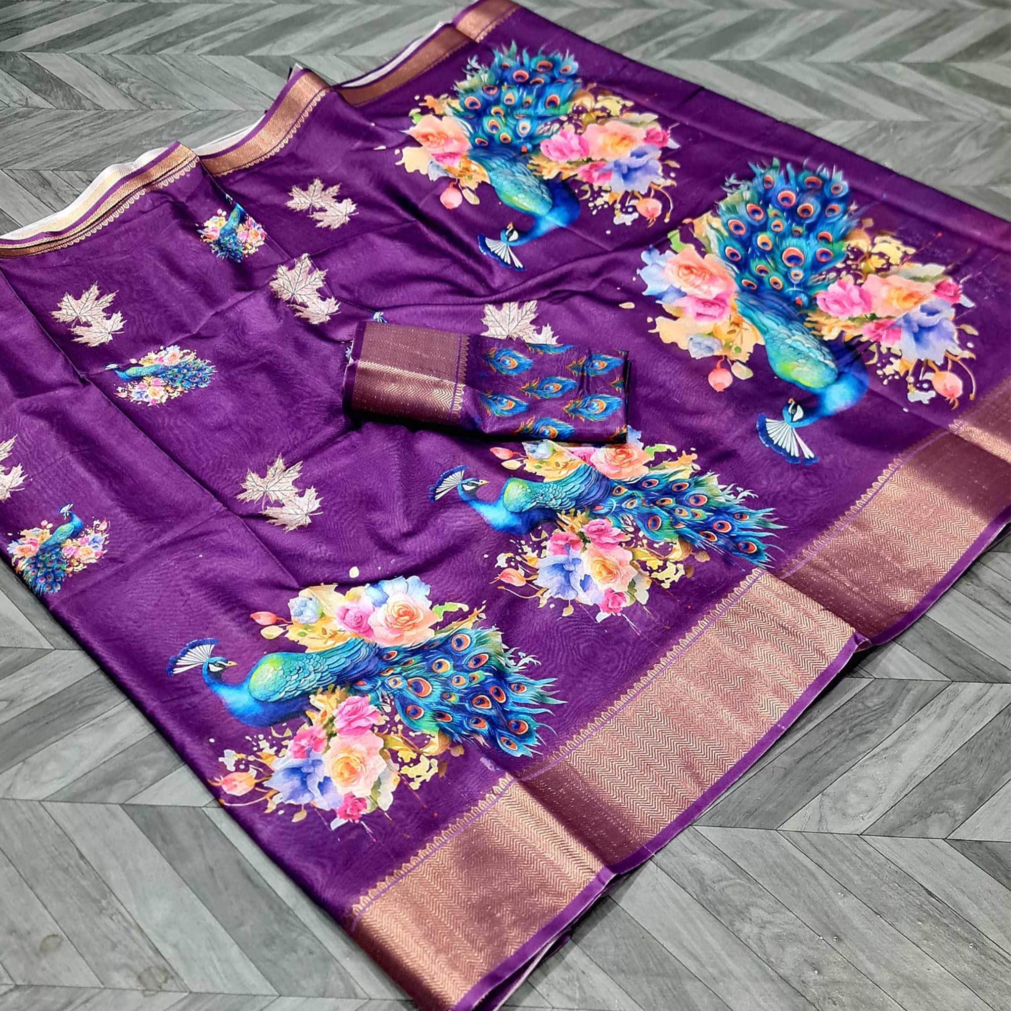 Purple Floral Elegance Dola Silk Saree with Artistic Print With Zari Border