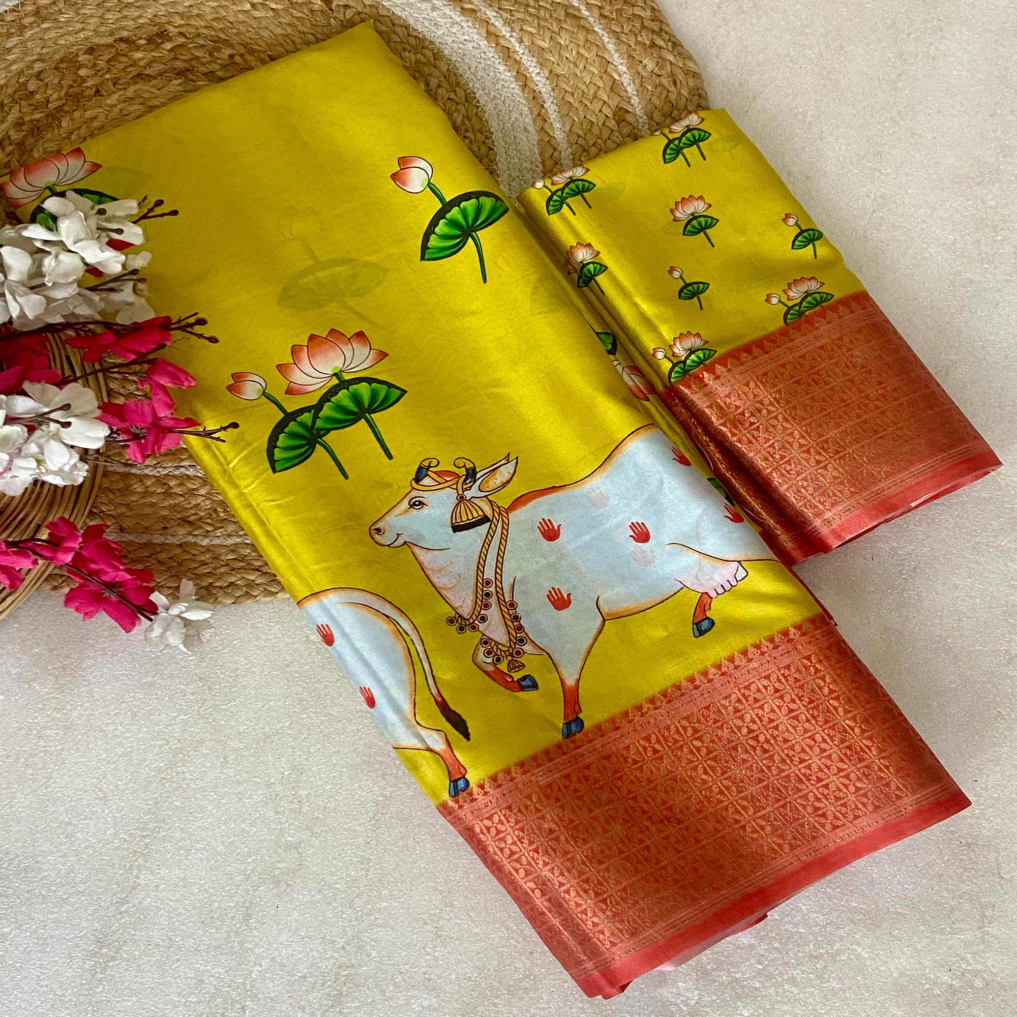 Yellow Floral Printed Doal Silk Saree With Woven Broder