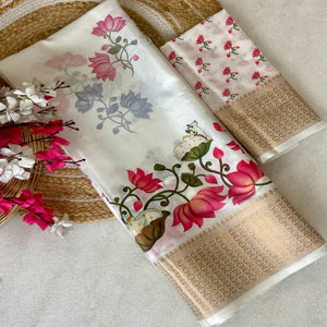 Offwhite Floral Digital Printed Dola Silk Saree With Woven Border