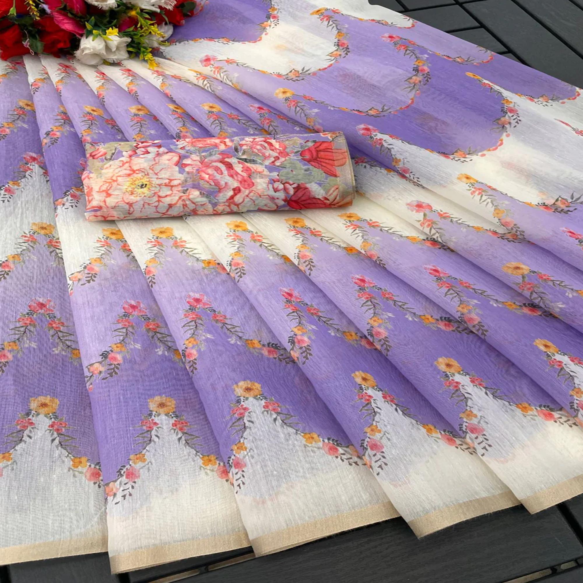 Lavender Floral Digital Printed Chanderi Cotton Saree