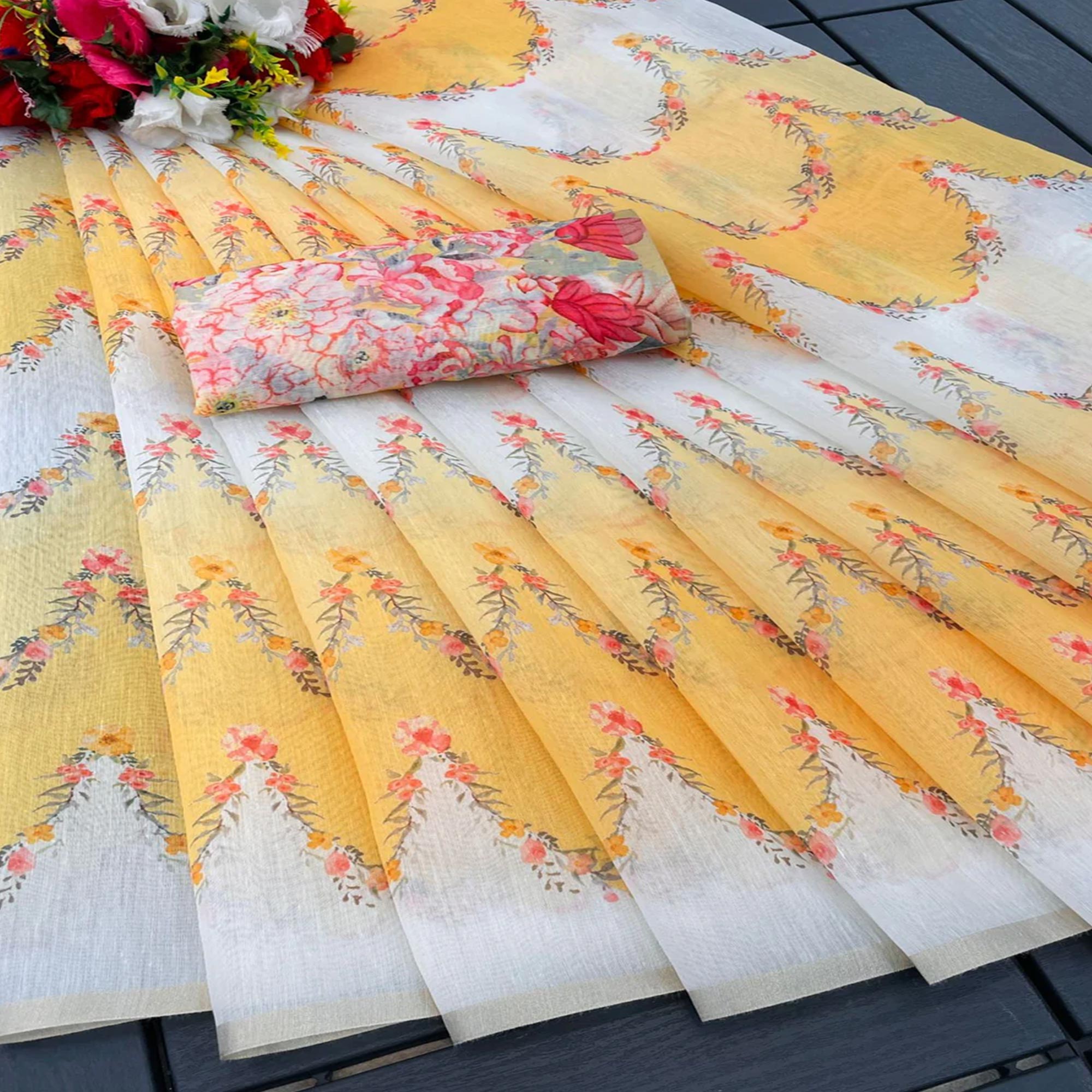 Yellow Floral Digital Printed Chanderi Cotton Saree