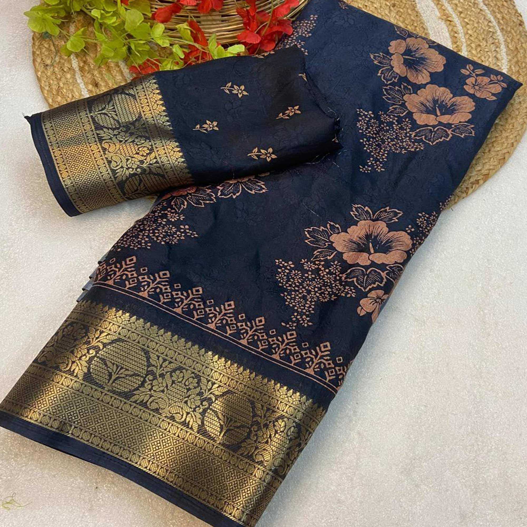 Black Floral Printed Moss Art Silk Saree With Woven Border