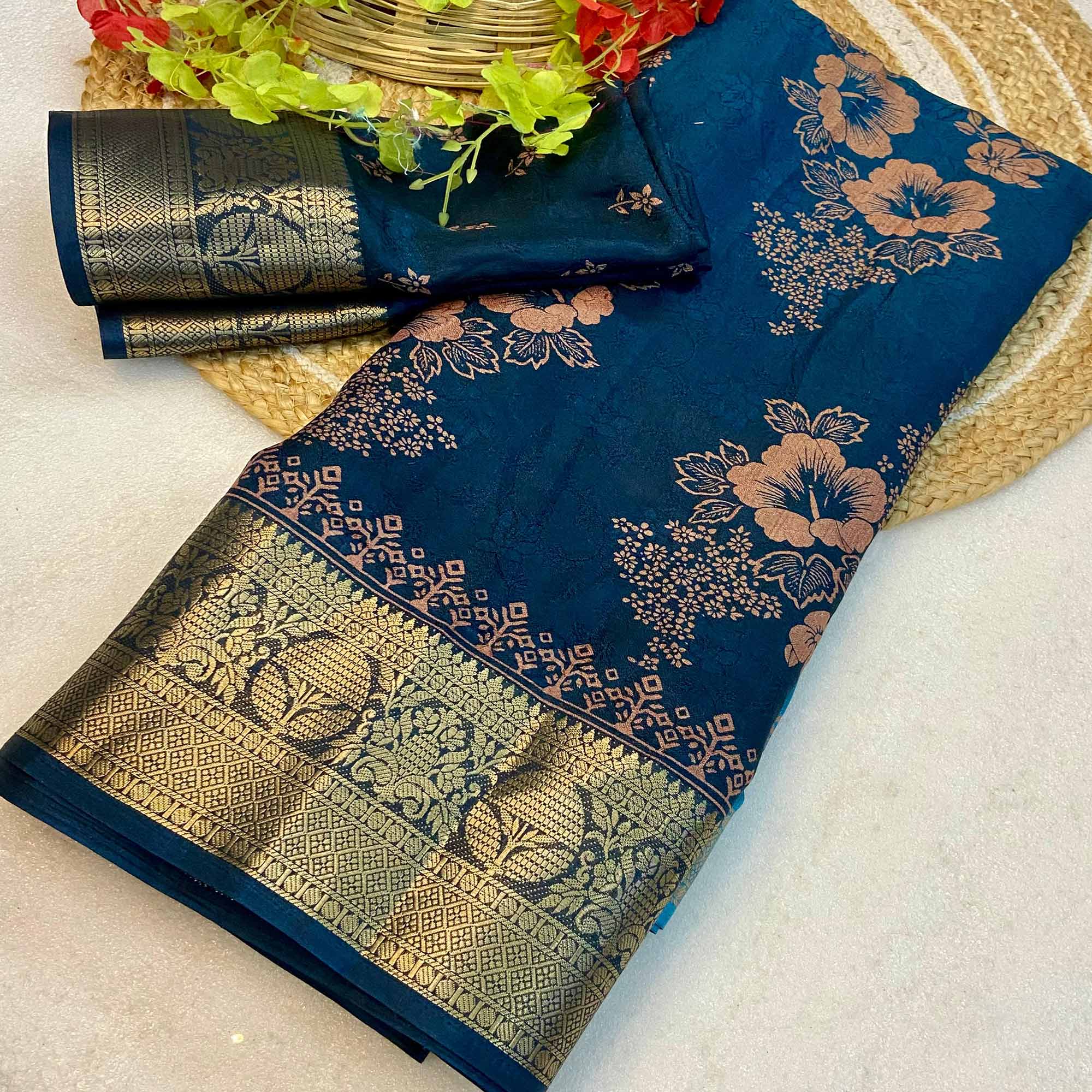 Blue Floral Printed Moss Art Silk Saree With Woven Border