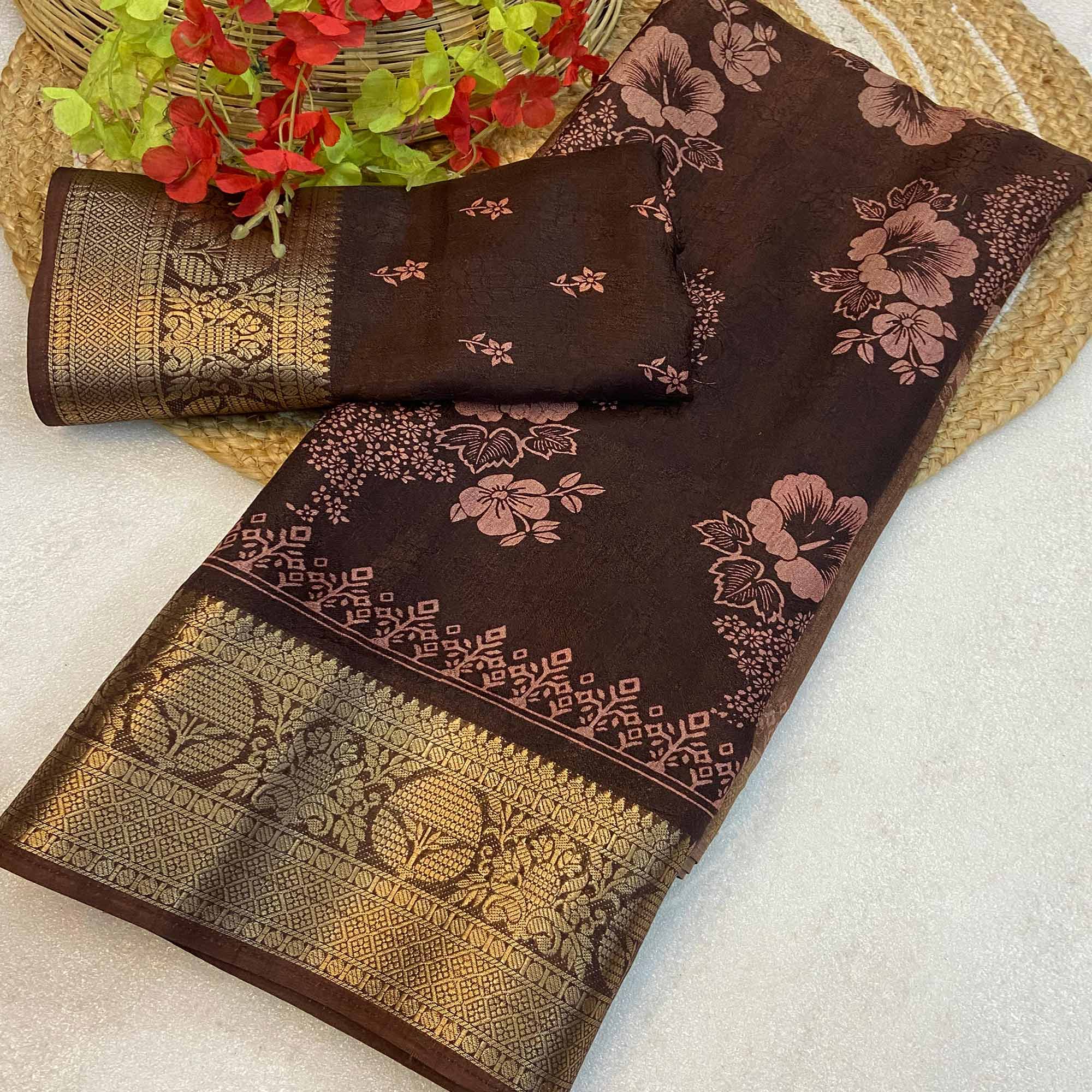 Brown Floral Printed Moss Art Silk Saree With Woven Border