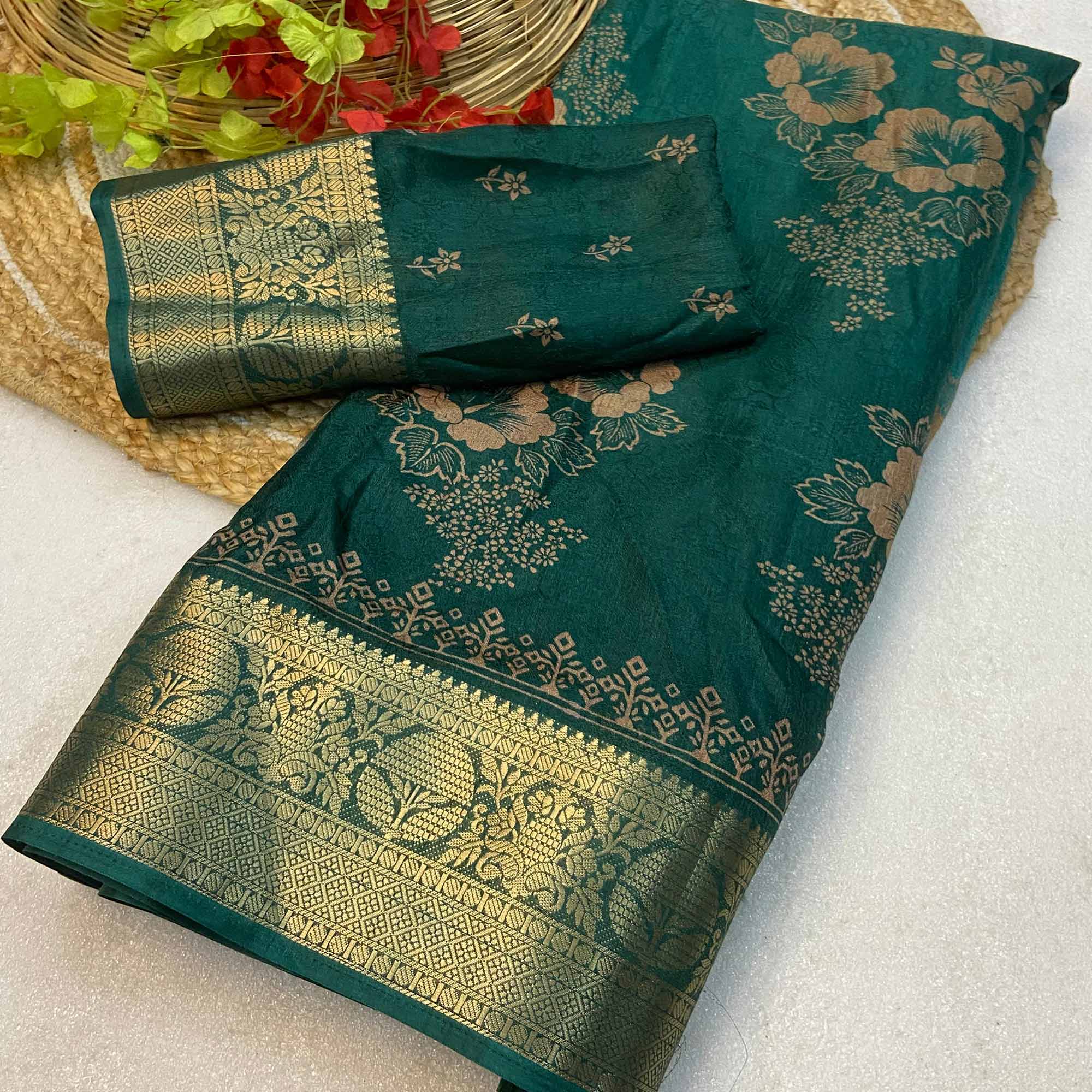 Green Floral Printed Moss Art Silk Saree With Woven Border