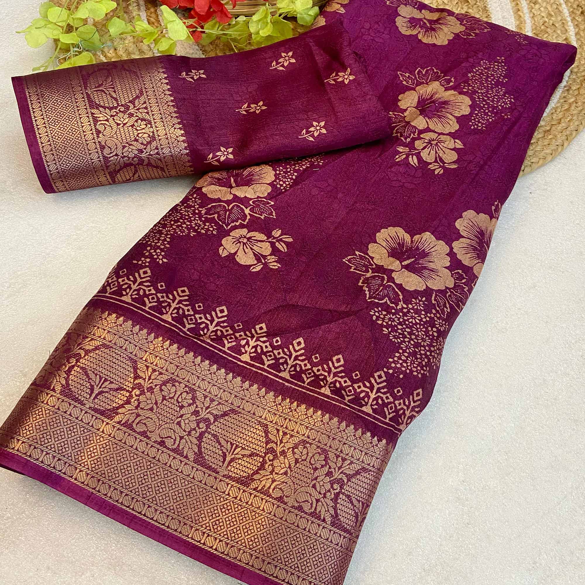 Magenta Floral Printed Moss Art Silk Saree With Woven Border