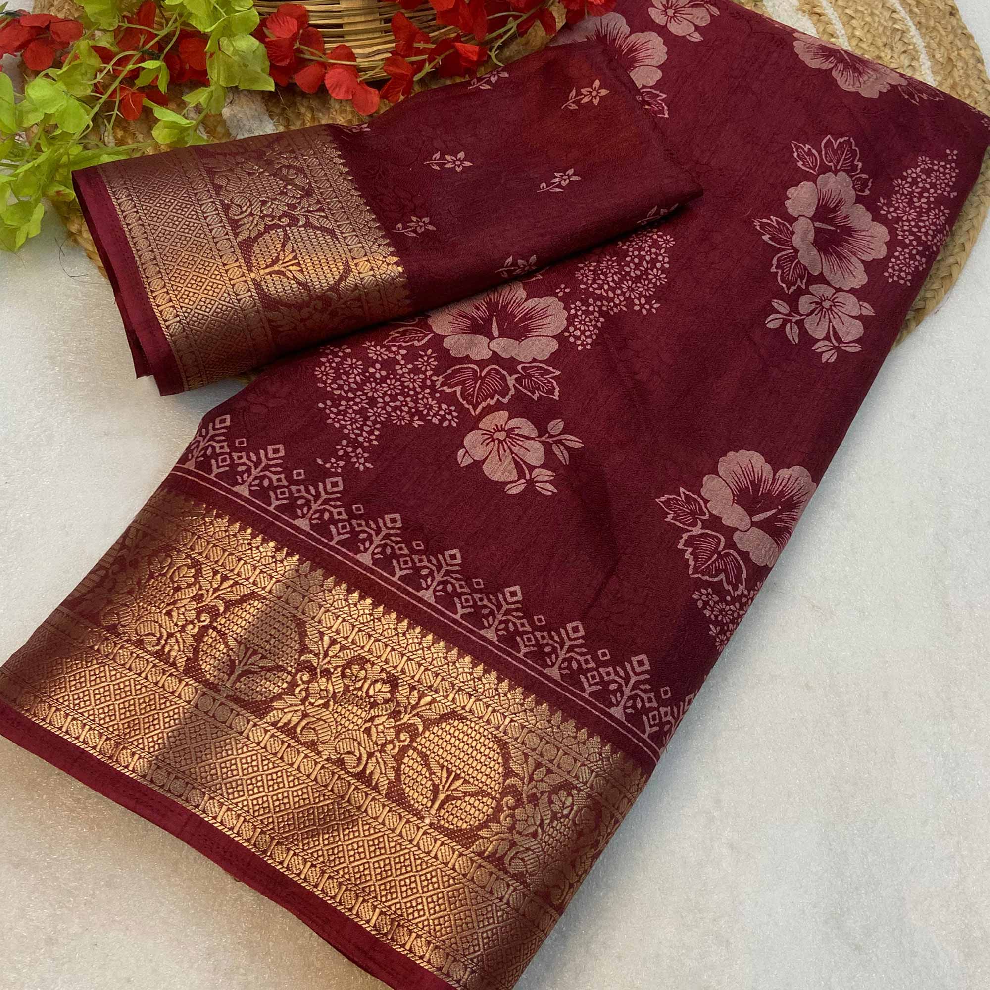 Maroon Floral Printed Moss Art Silk Saree With Woven Border