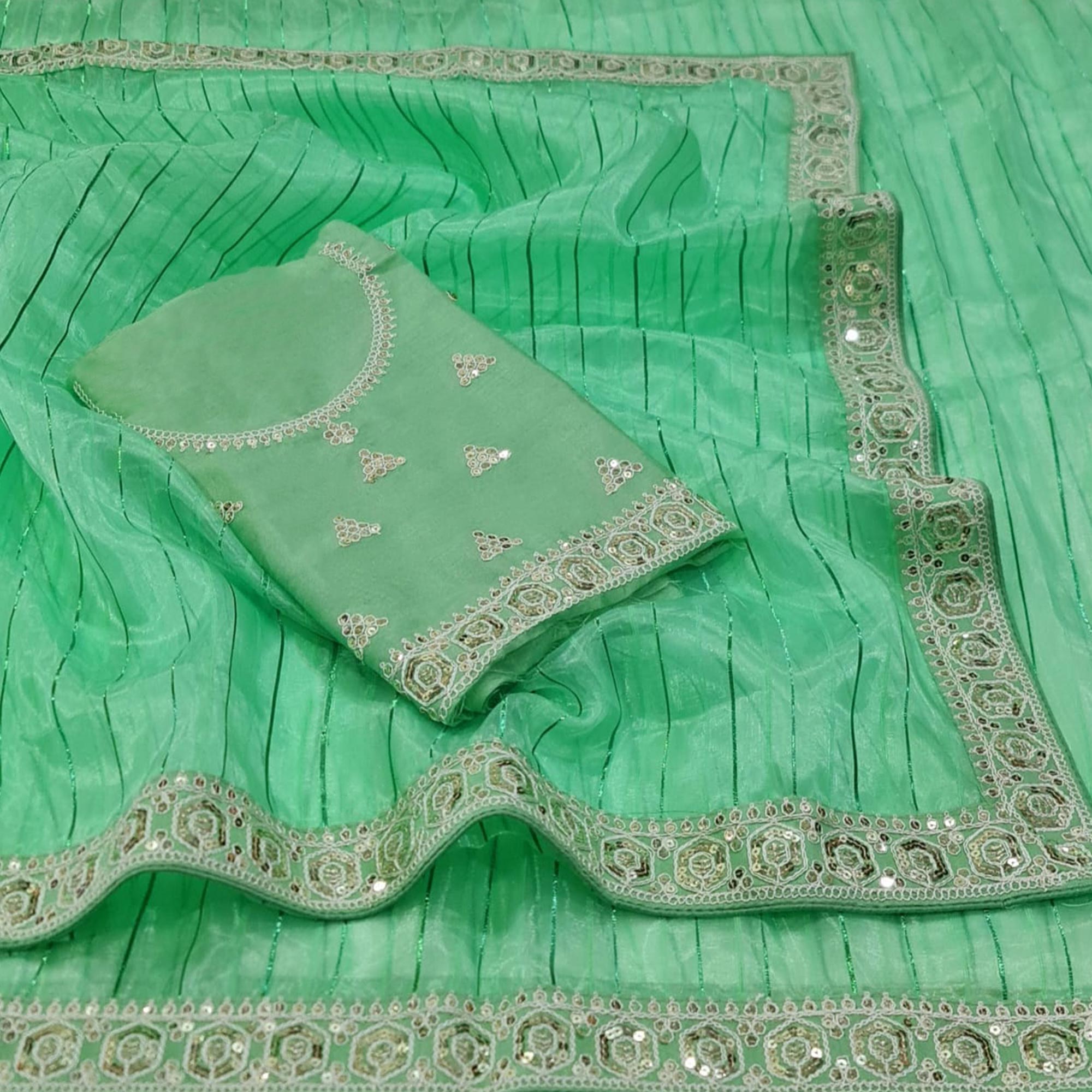 Green Sequins Embroidered Organza Saree