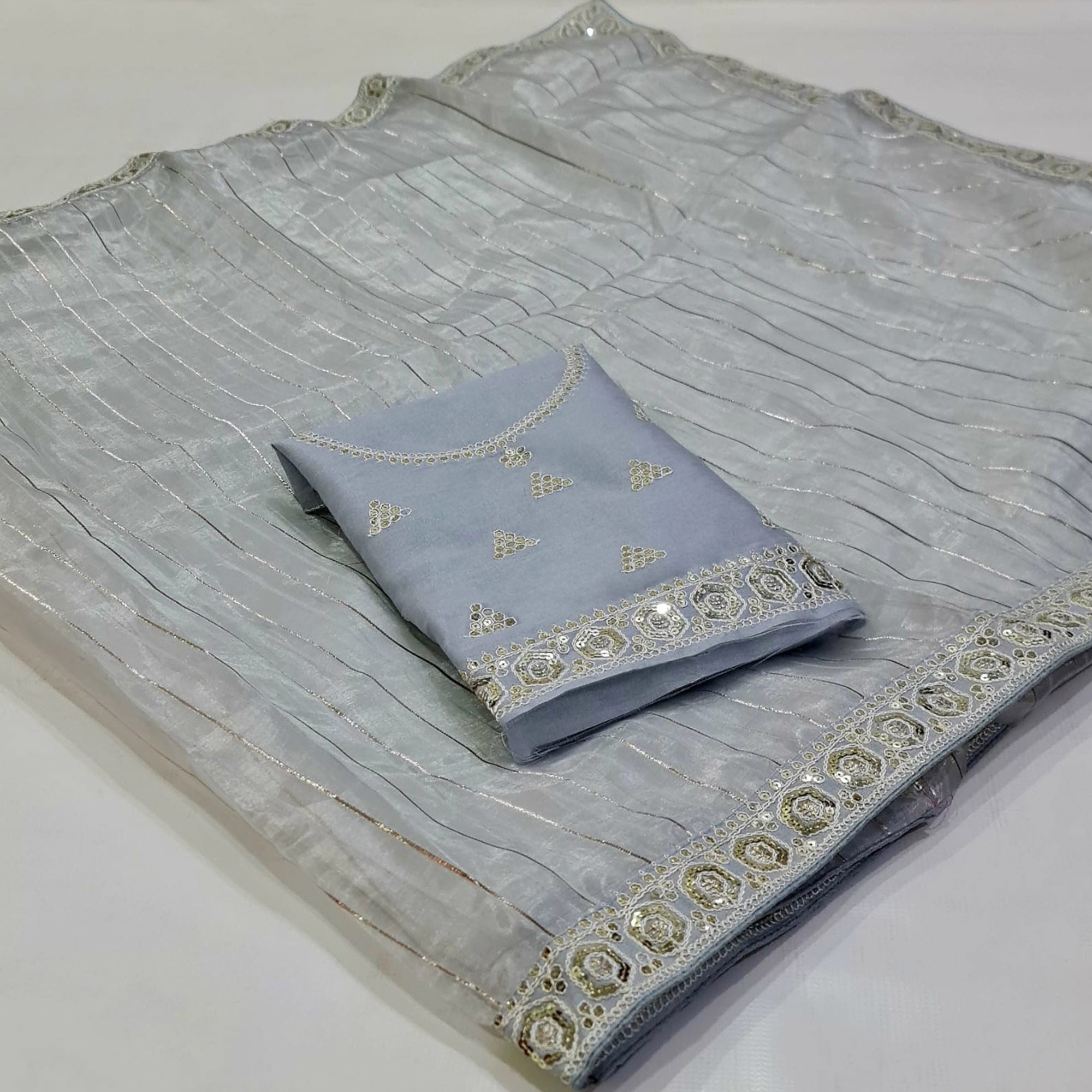 Grey Sequins Embroidered Organza Saree