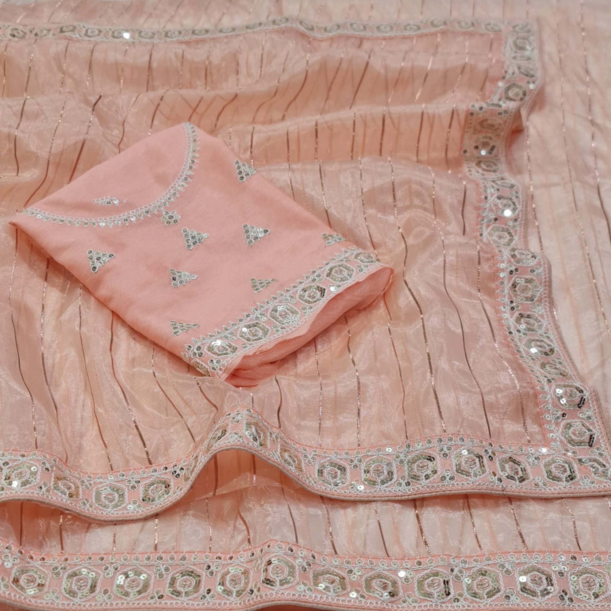 Peach Sequins Embroidered Organza Saree