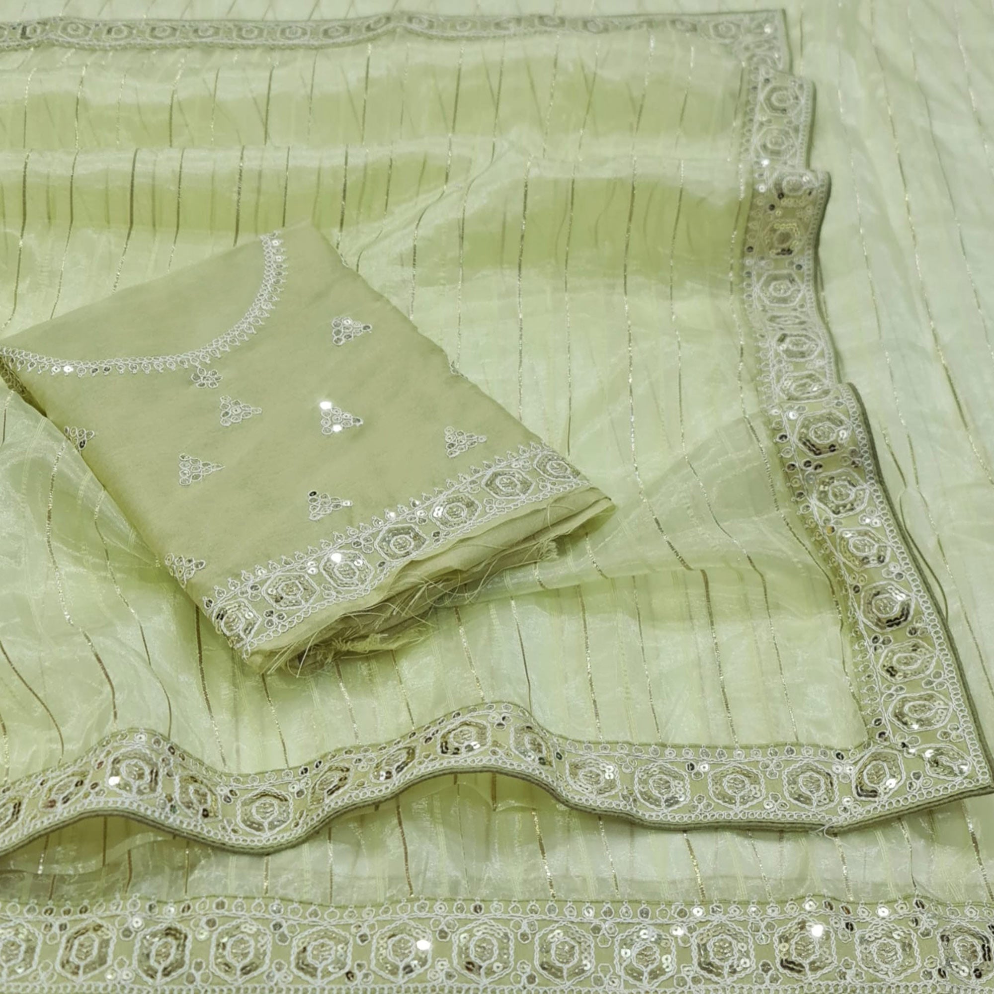 Pista Green Sequins Embroidered Organza Saree