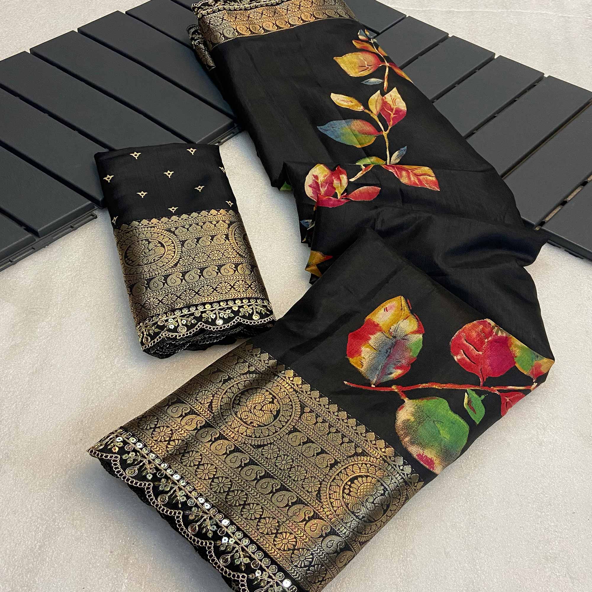 Black Floral Printed Dola Silk Saree With Woven Border