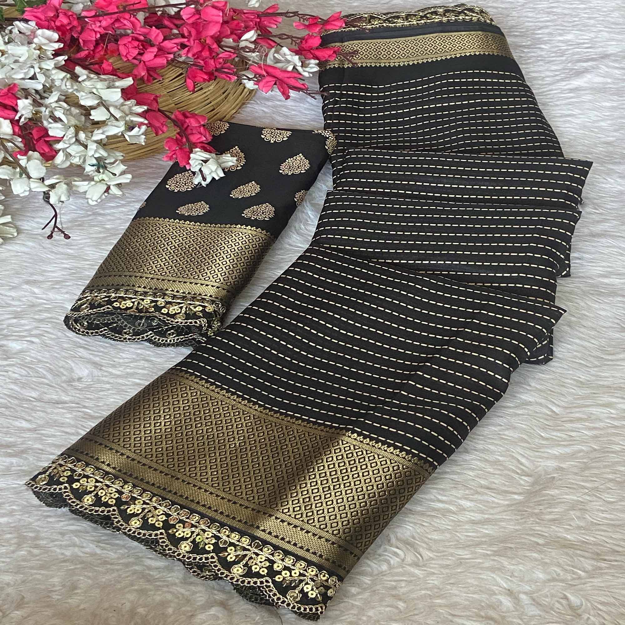 Black & Gold Floral Printed Dola Silk Saree With Woven Border