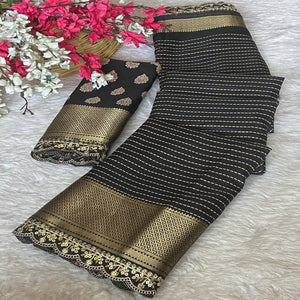 Black & Gold Floral Printed Dola Silk Saree With Woven Border
