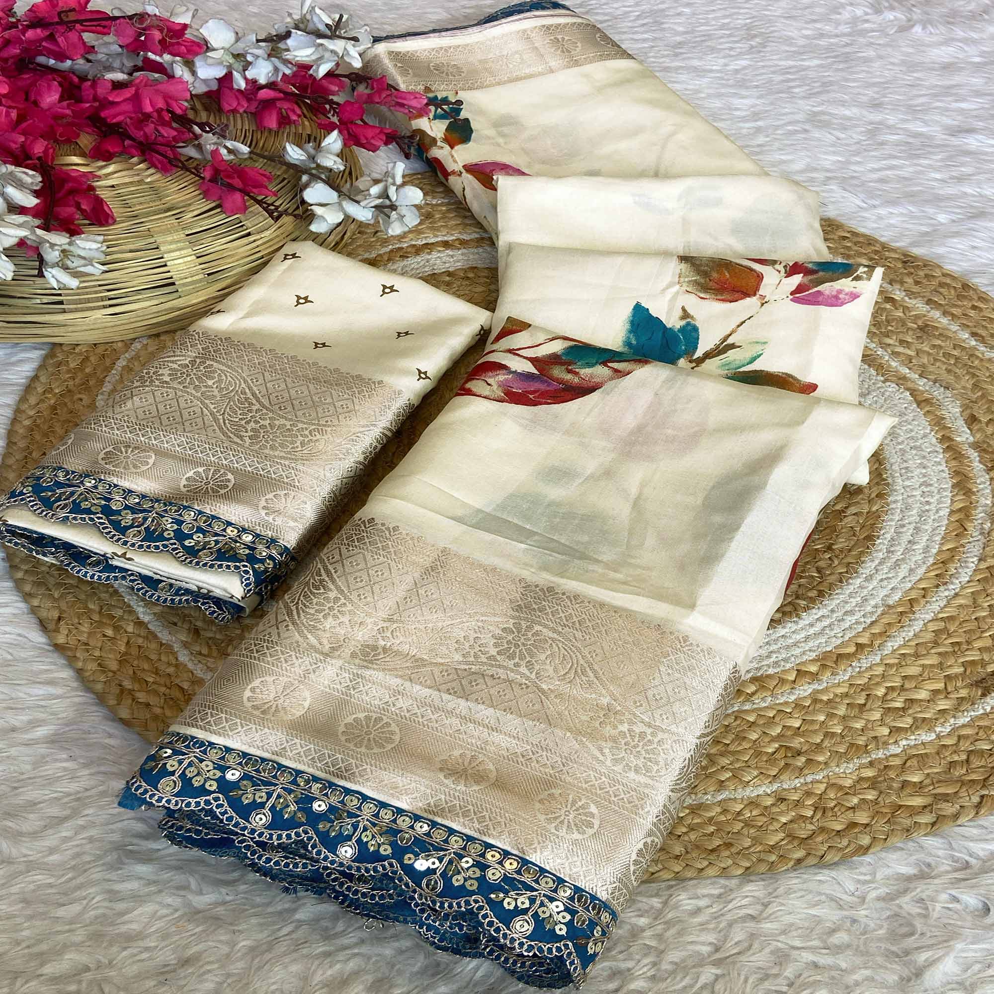 Cream Floral Printed Dola Silk Saree Accentuated with a Traditional Woven Border