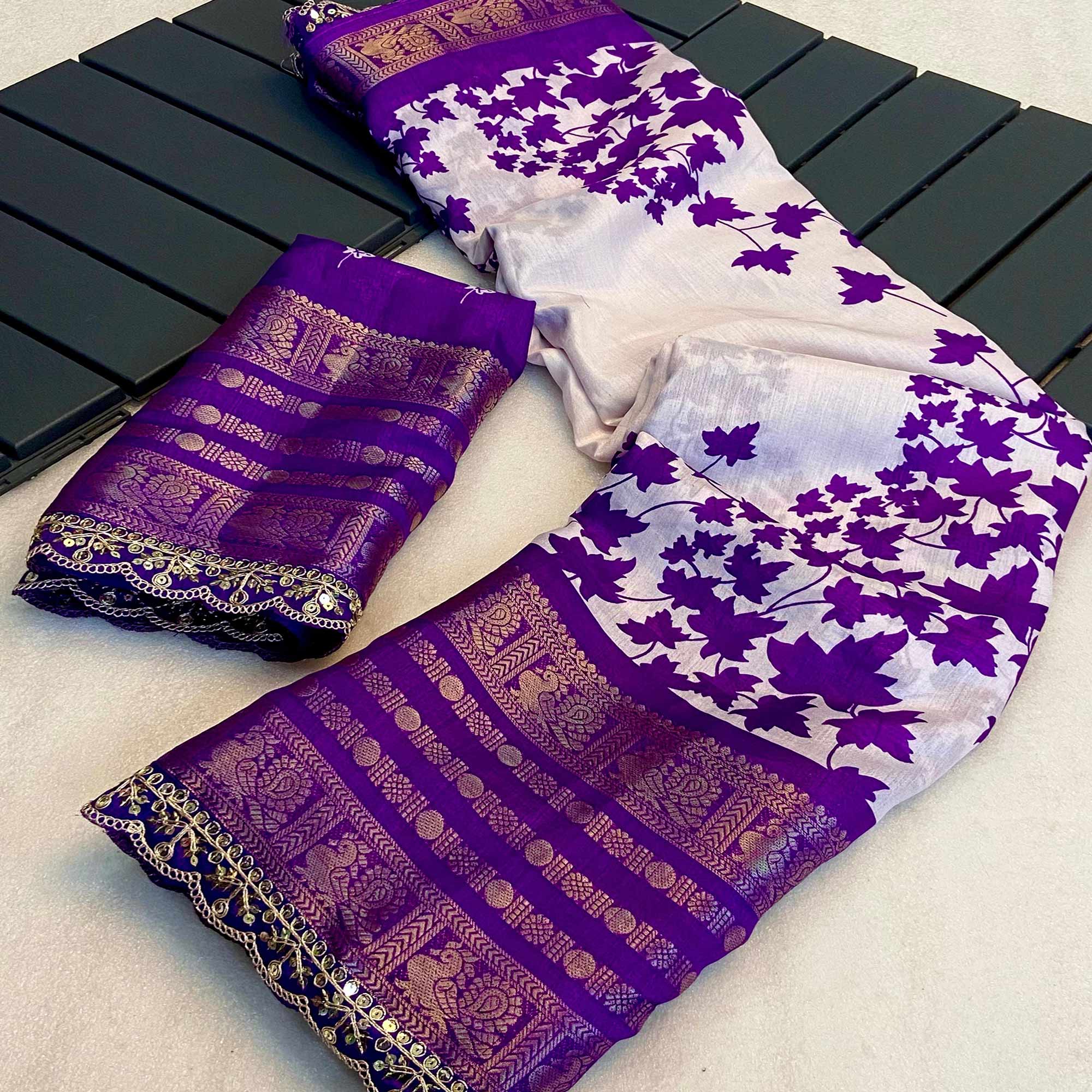 Purple & White Floral Printed Dola Silk Saree With Woven Border