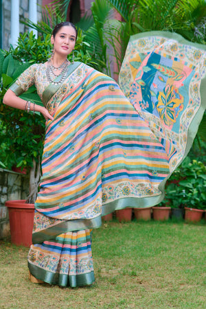 Beige Striped Printed Linen Saree