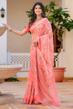 Gajri Pink Geometric Printed Linen Saree